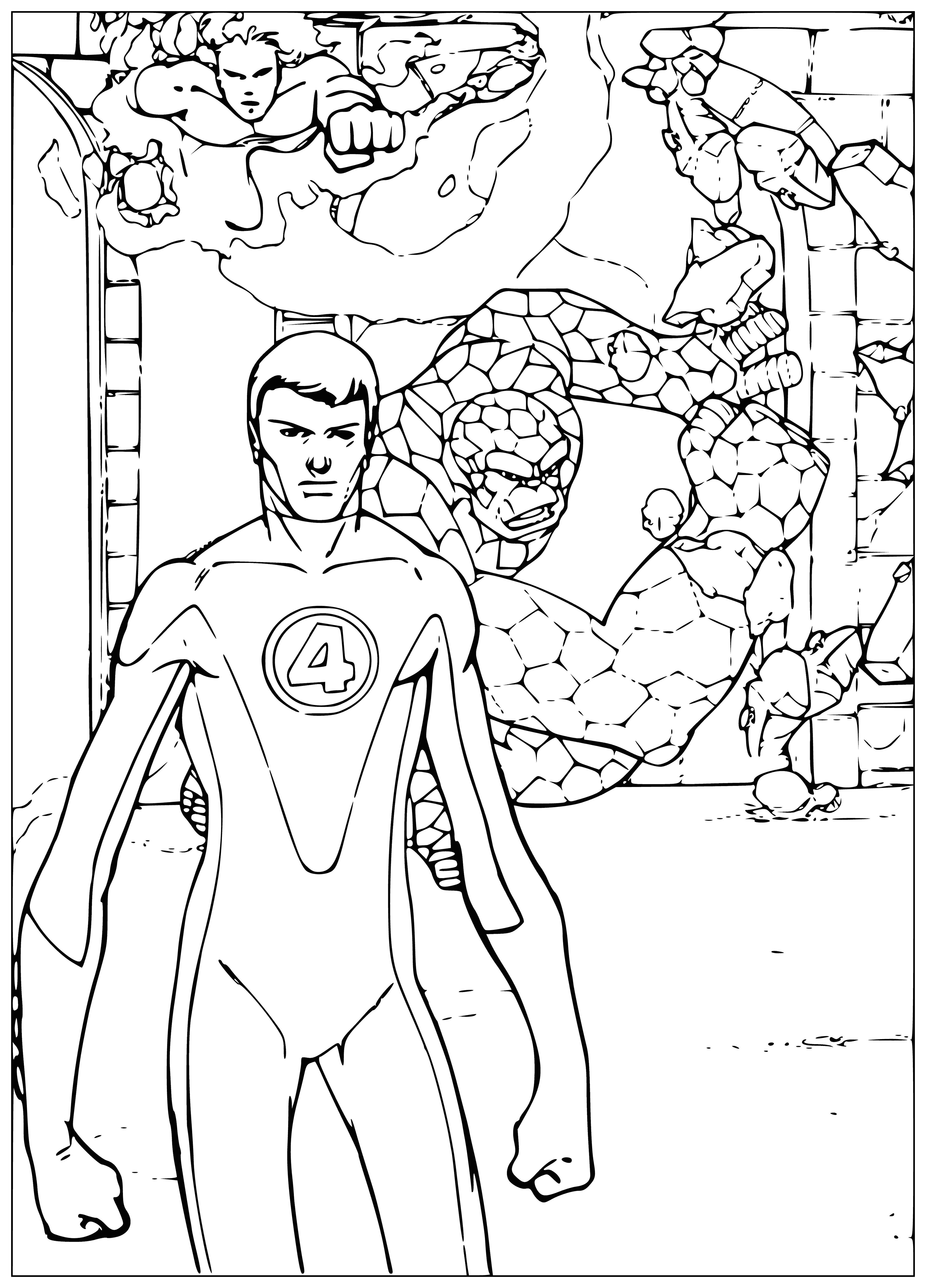 coloring page: The Fantastic Four are Marvel's most famous superhero team, including Mr.Fantastic, Invisible Woman, Human Torch & Thing.
