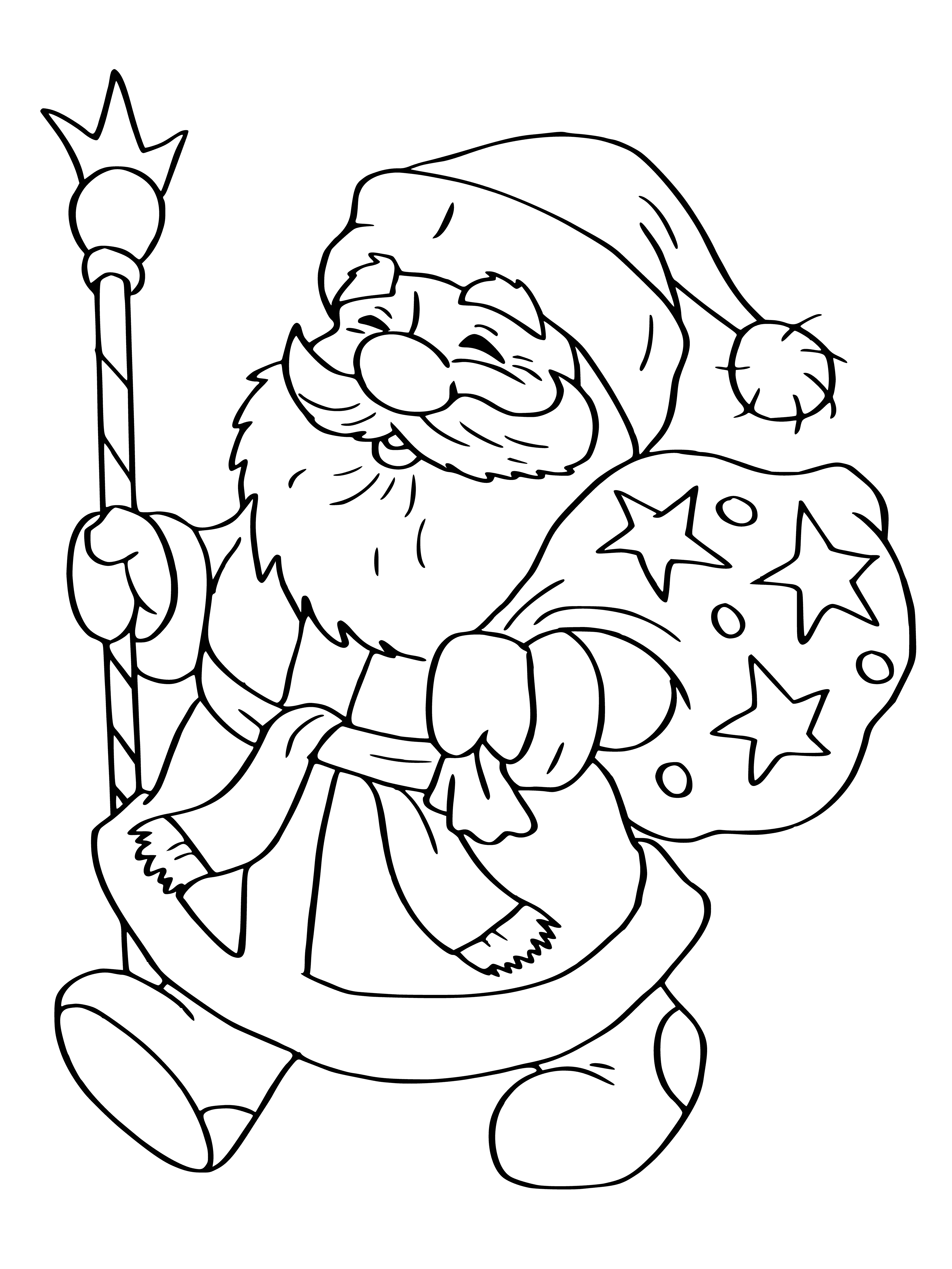 coloring page: Santa Claus with a bag of gifts, wearing a red suit with white fur trim, in front of a fireplace with Christmas tree. #ChristmasSpirit