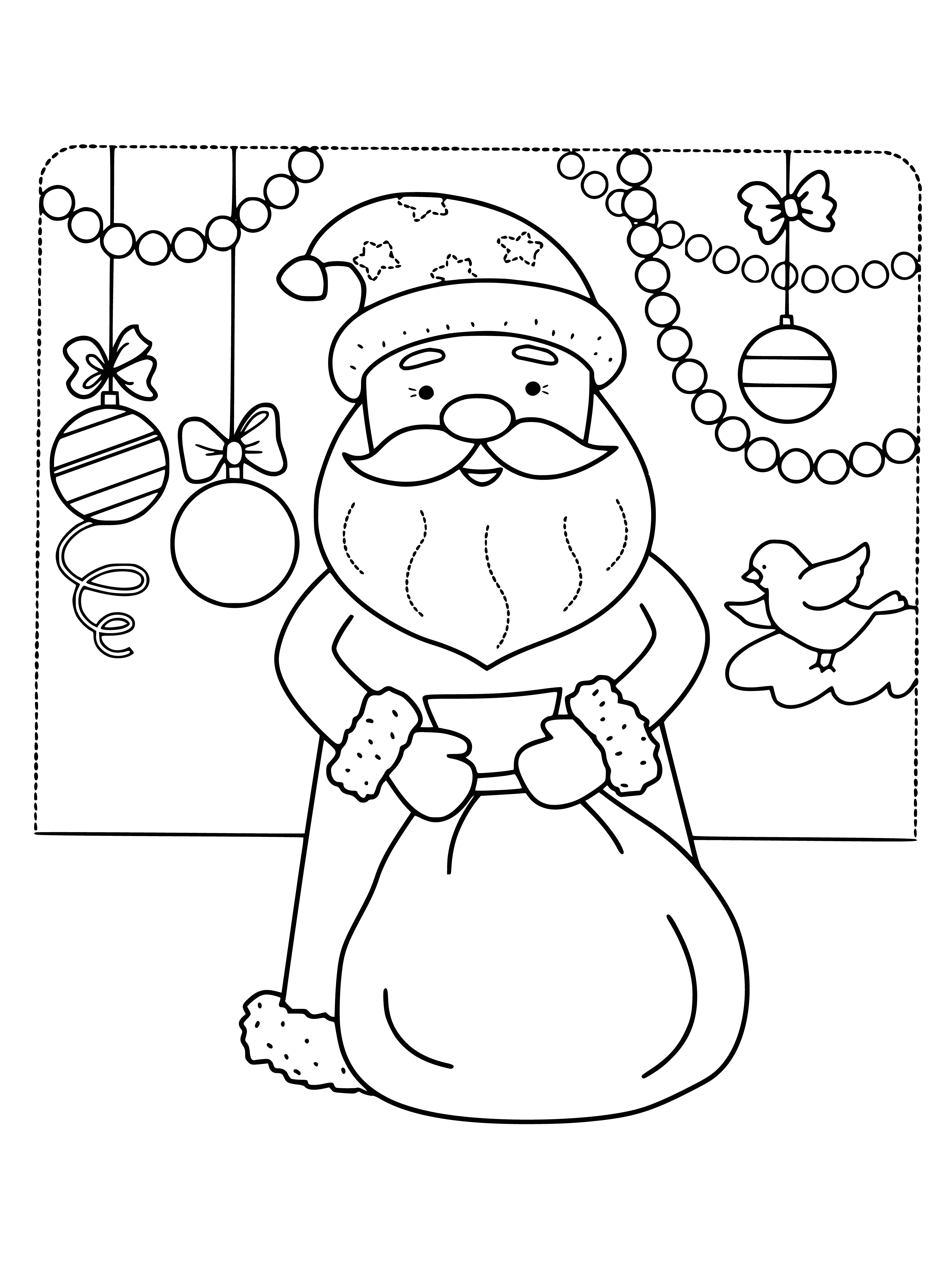 coloring page: Santa Claus is wearing a red suit and red hat with white fur trim, giving presents from his big sack.