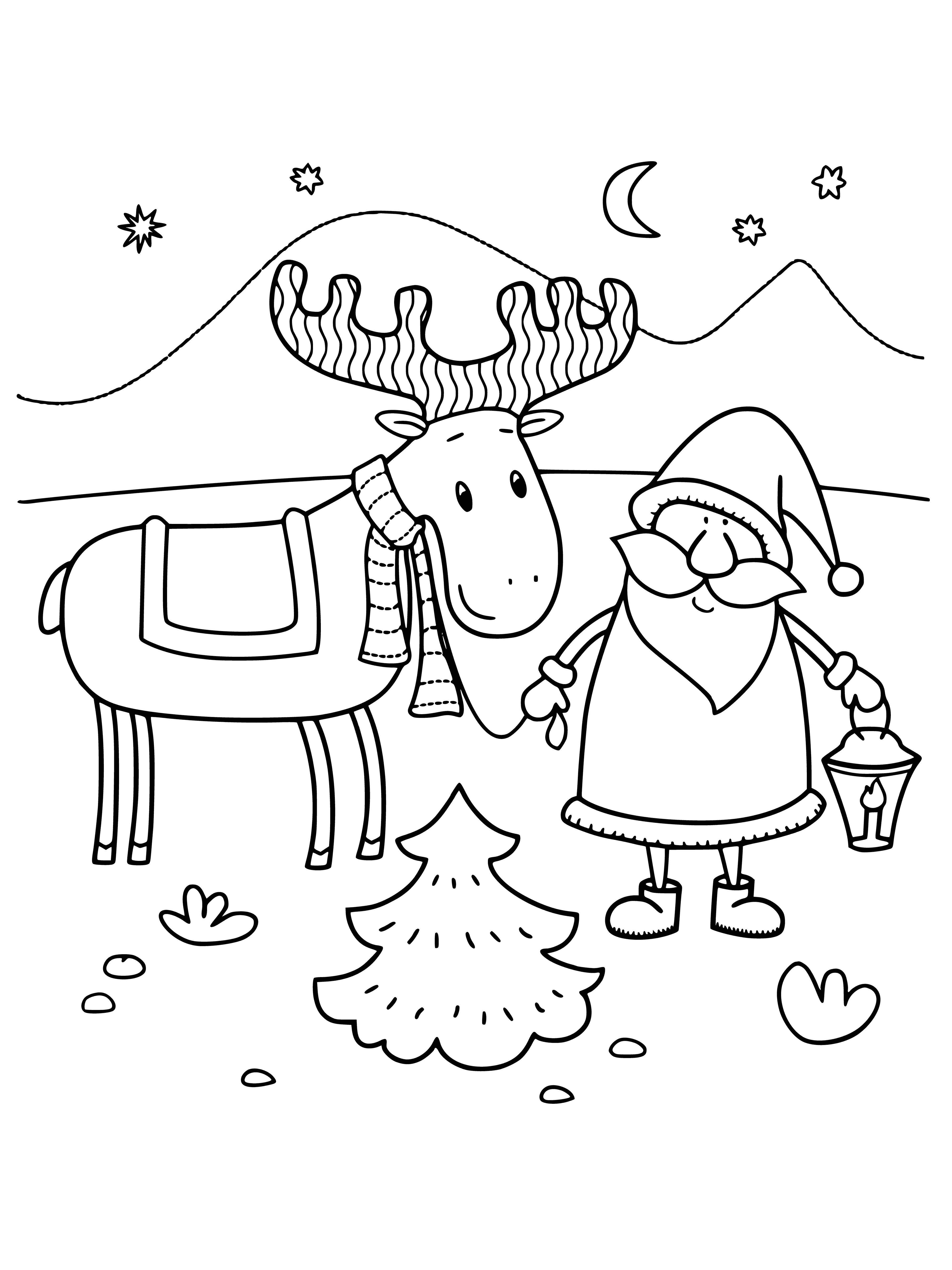 Santa Claus with deer in a color page - white beard, red coat, brown fur, antlers.