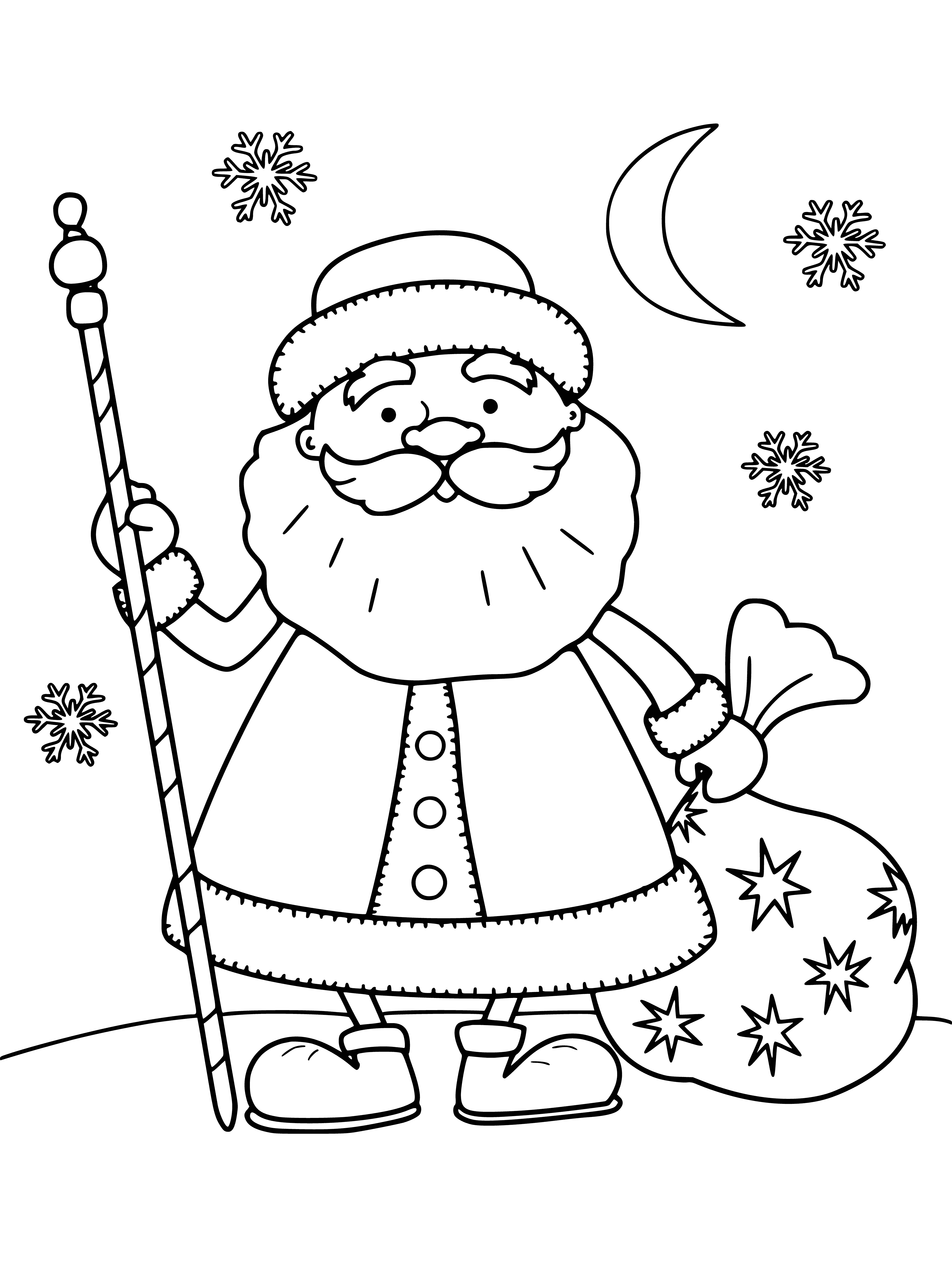 coloring page: Old man in red robes, white beard, in armchair in front of fireplace, holding bag of presents, petting small dog on lap.