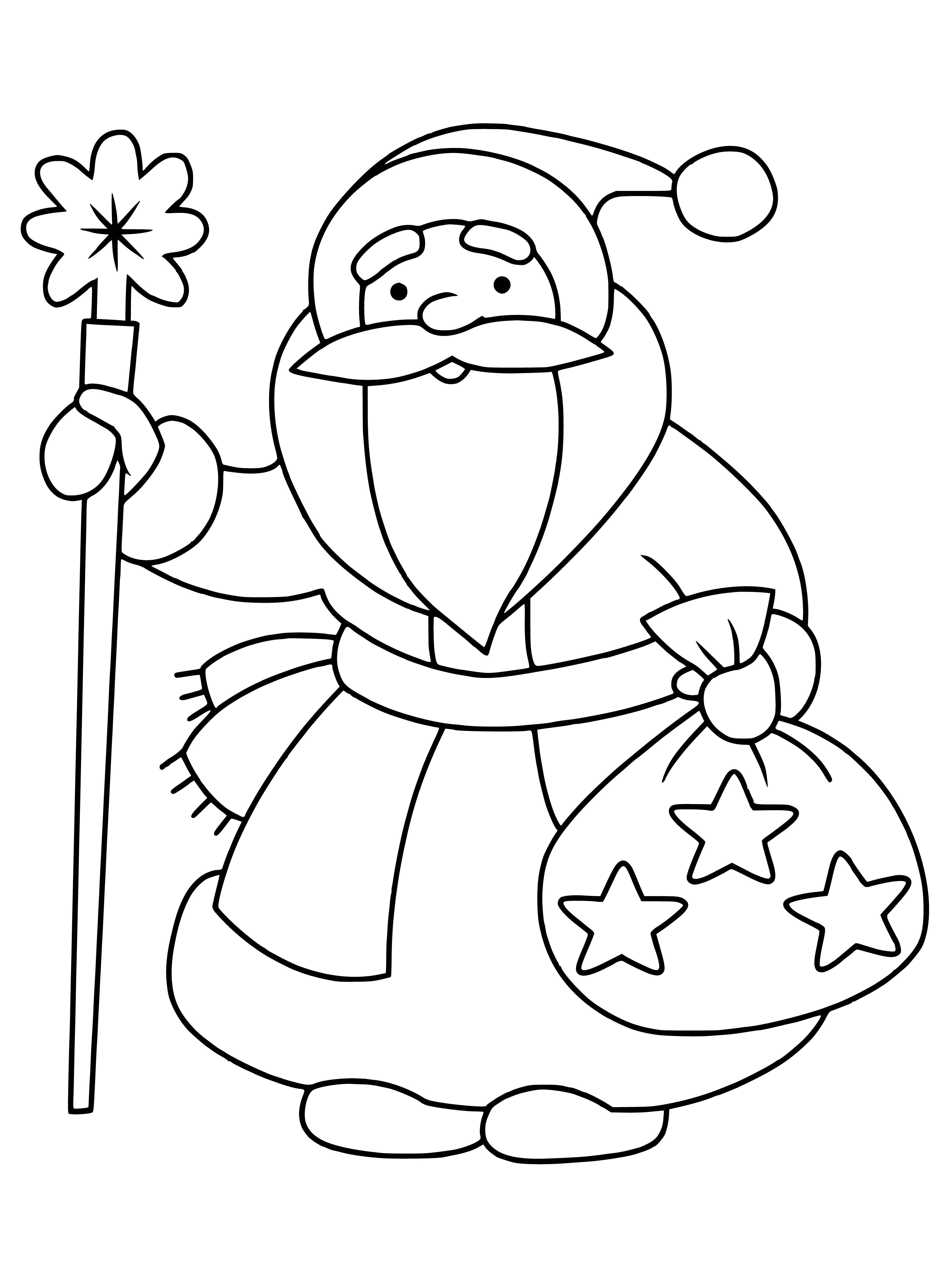 coloring page: Santa sits, with a small boy on his lap, surrounded by toys, cookies, and milk.