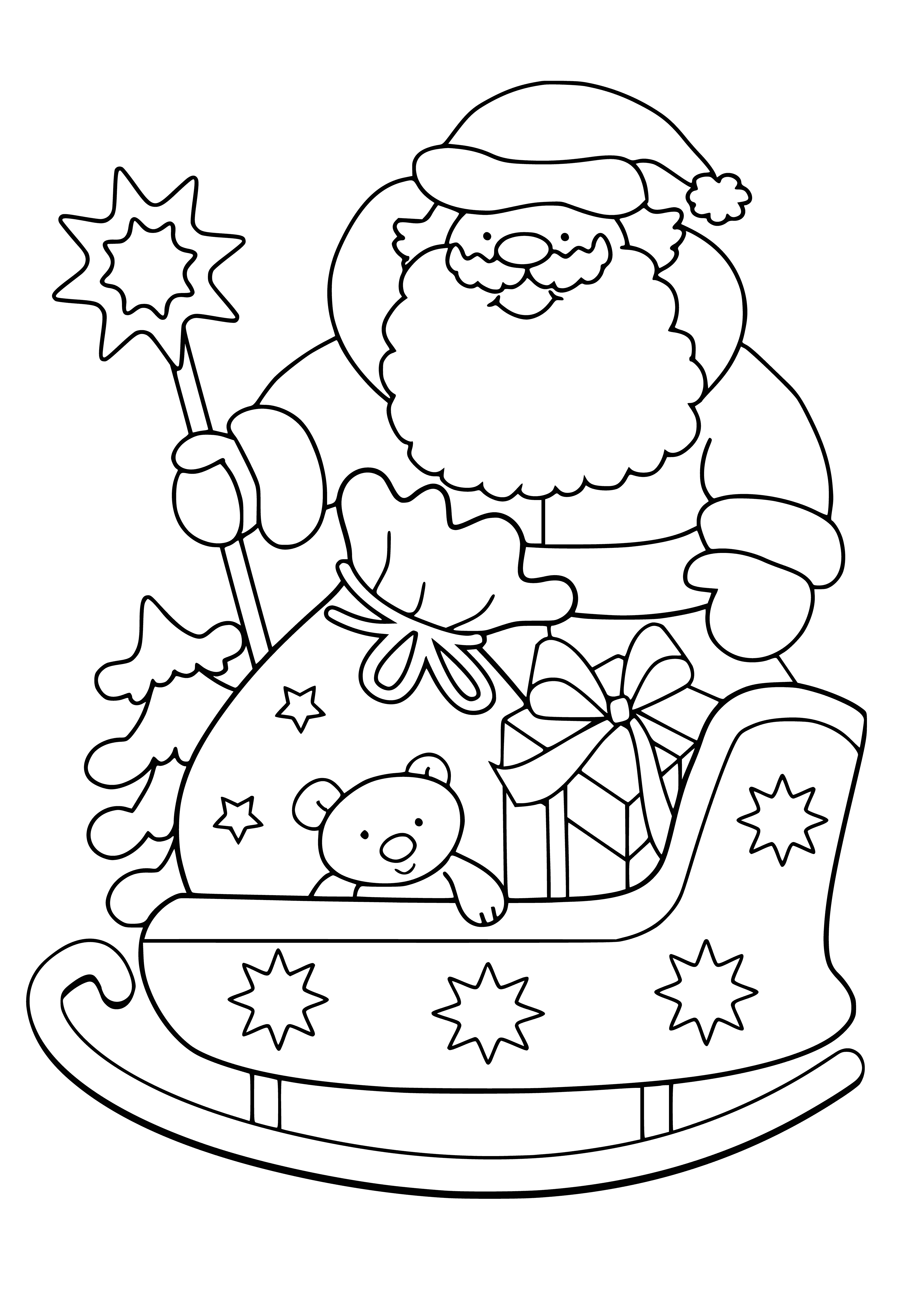 coloring page: A man dressed in a red suit with fur trim is in a sleigh being pulled by reindeer, with presents. He's ready to deliver Christmas joy! #Santa #Christmas