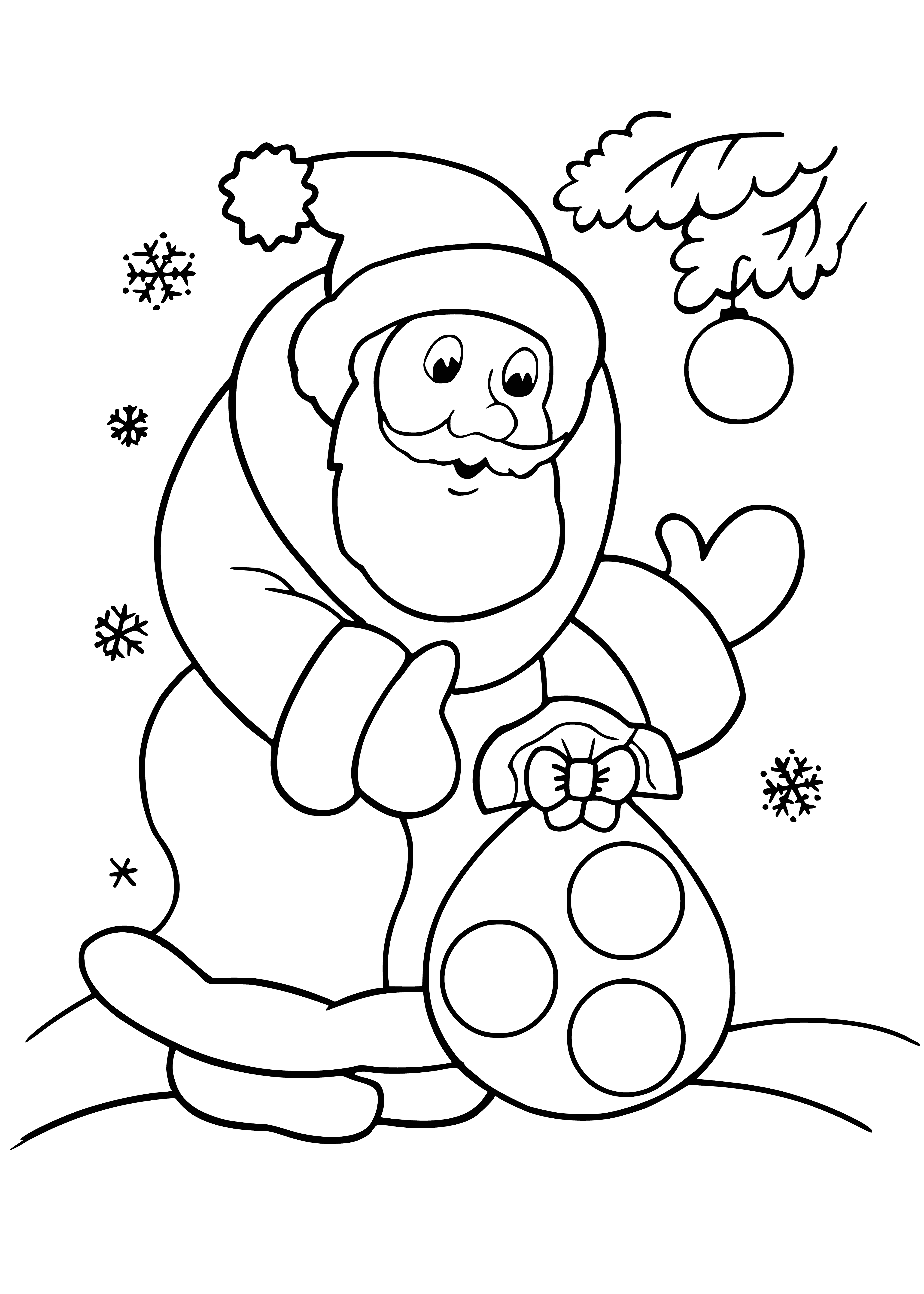 coloring page: A jolly old man in a red suit holding a sack of presents visits during the holidays.