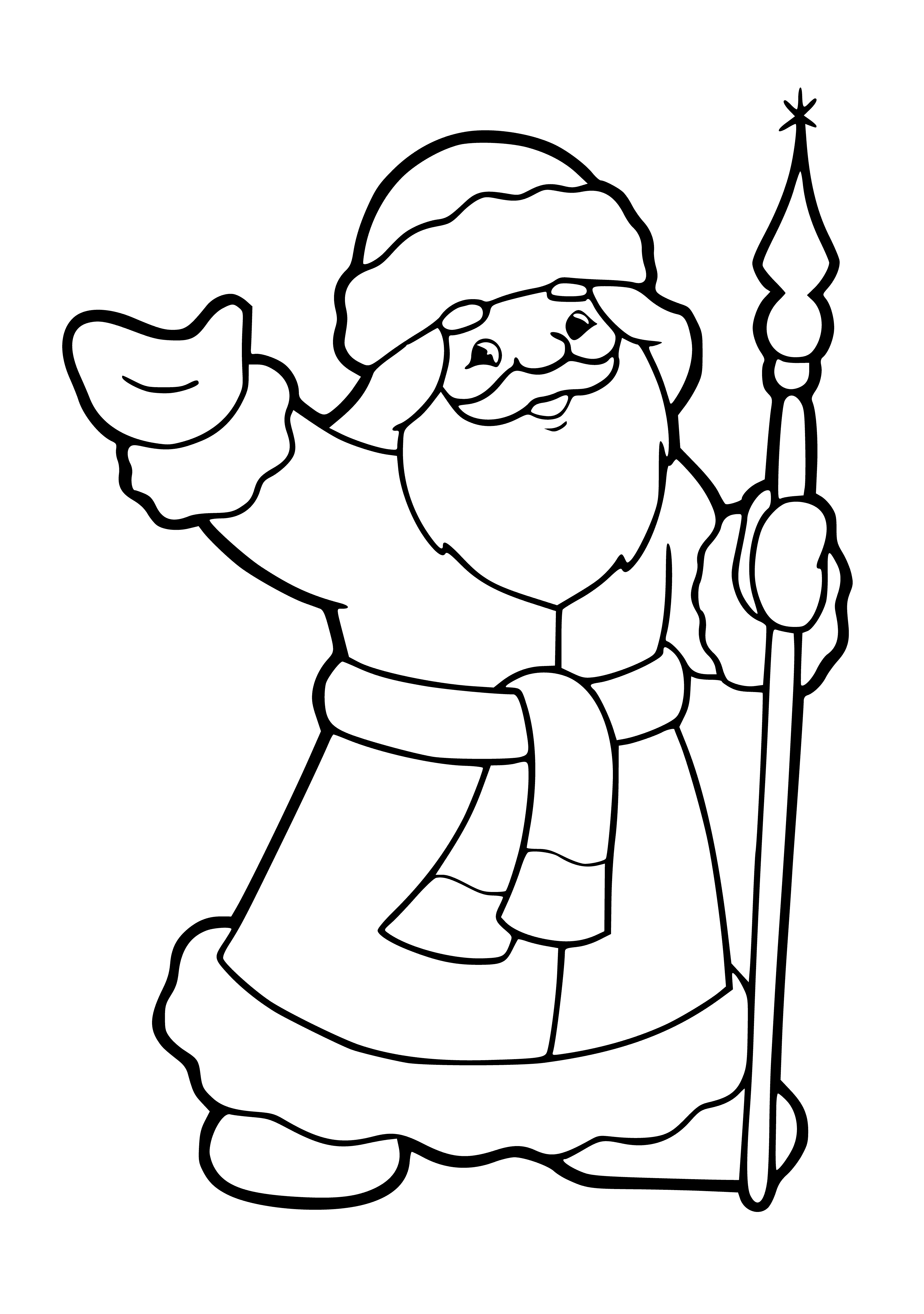 coloring page: Big guy in red suit & hat, furry trim, carrying a wooden staff.
