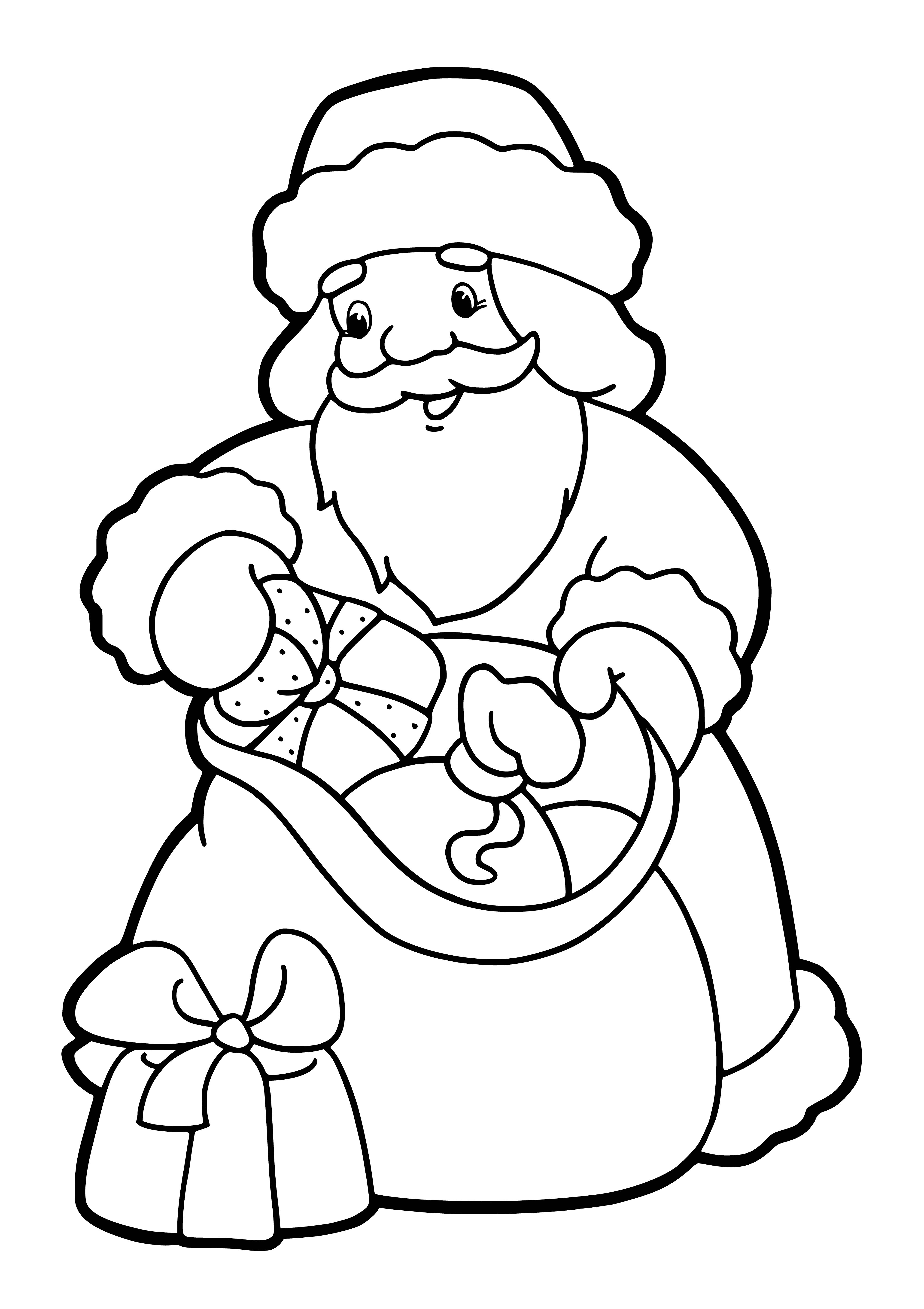 coloring page: Man wearing red coat and carrying a big sack over shoulder, white beard and red cheeks, belt with silver buckle, red pants and black boots.
