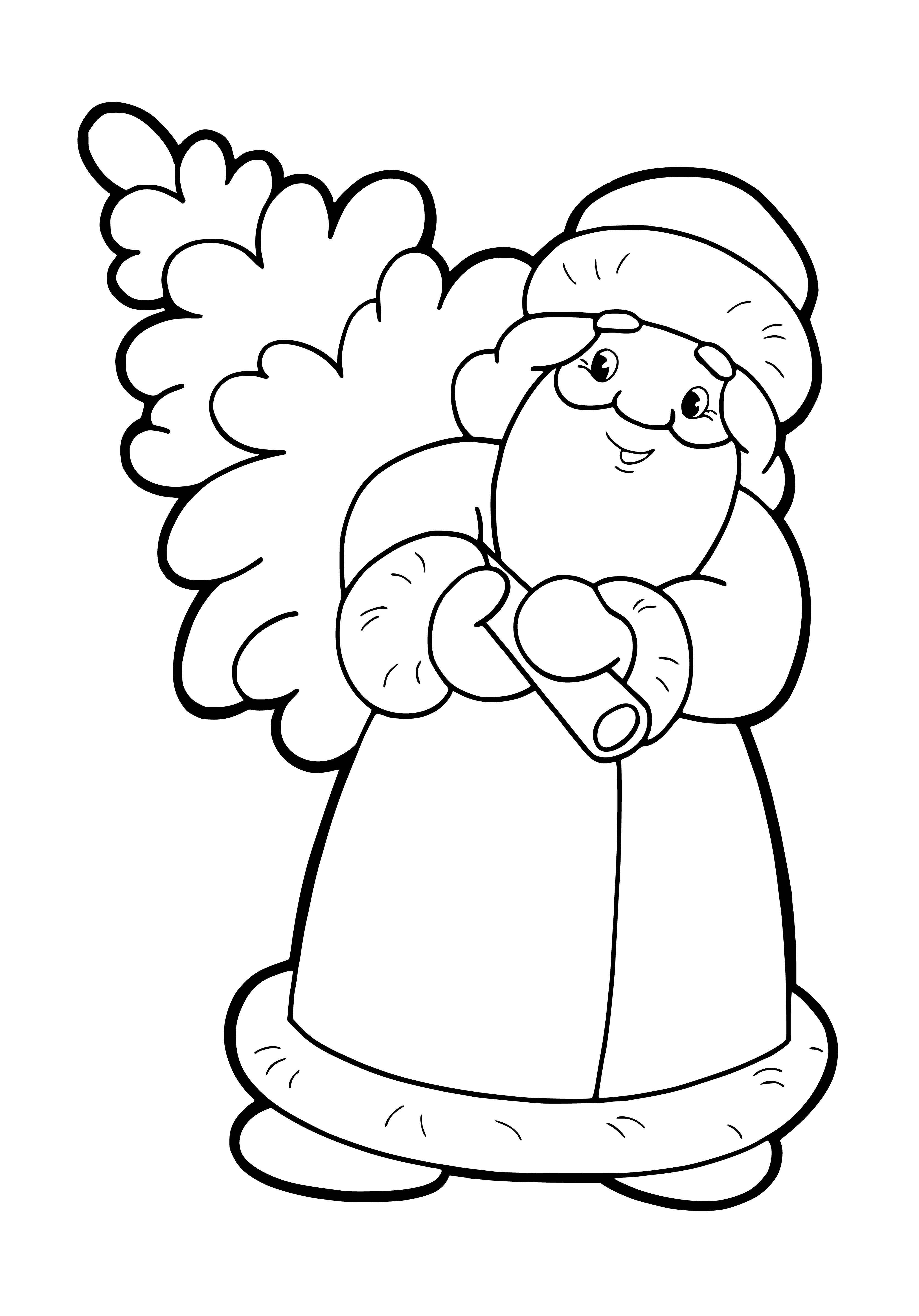 coloring page: Santa admires Christmas tree surrounded by presents, dressed in his typical red and white suit, white beard.