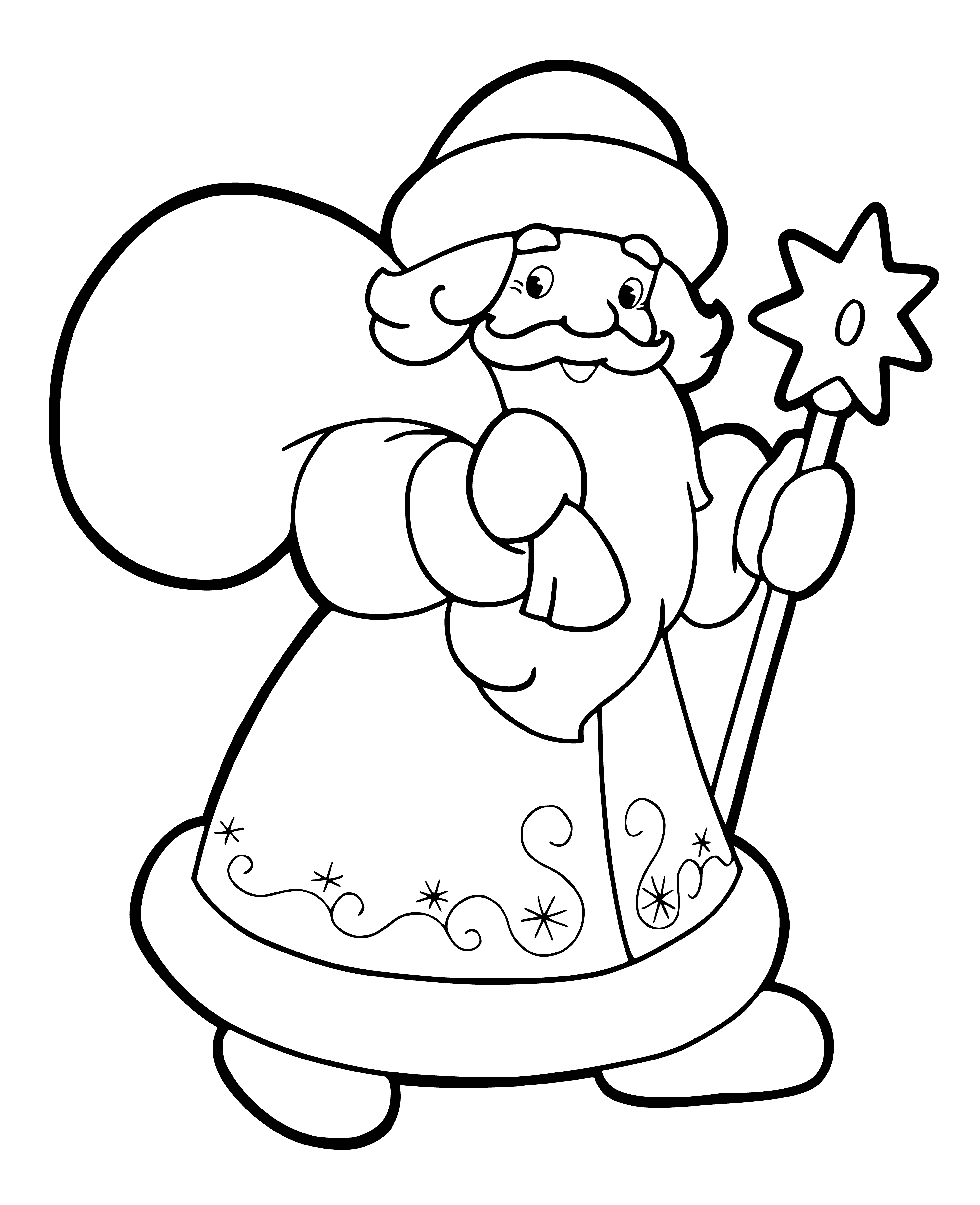 coloring page: Santa Claus is an elderly man with a long white beard, red fur-trimmed coat & hat, & a sack of gifts.