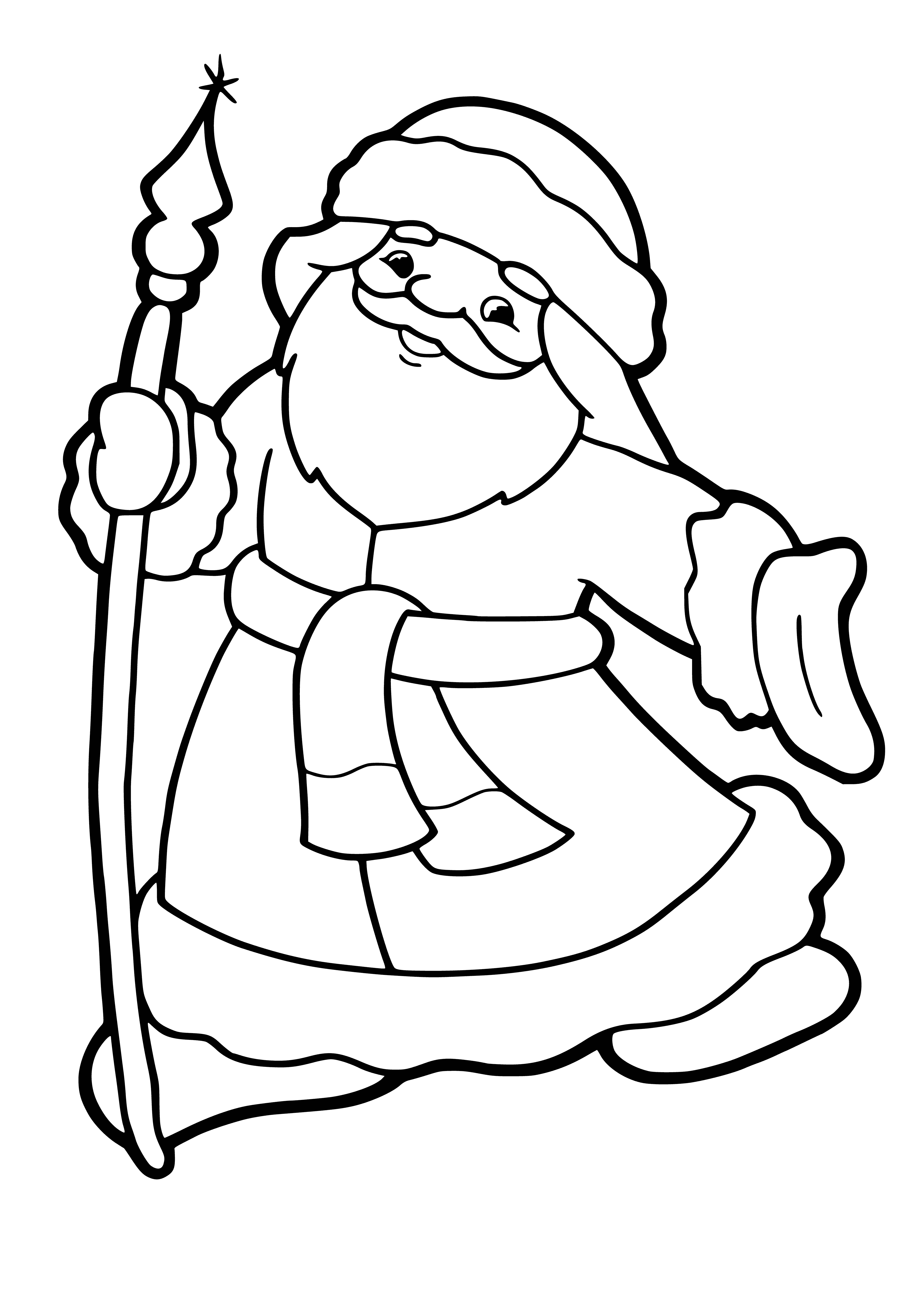 coloring page: Jolly Santa Claus holds gifts by a cozy fireplace with a festive Christmas wreath.