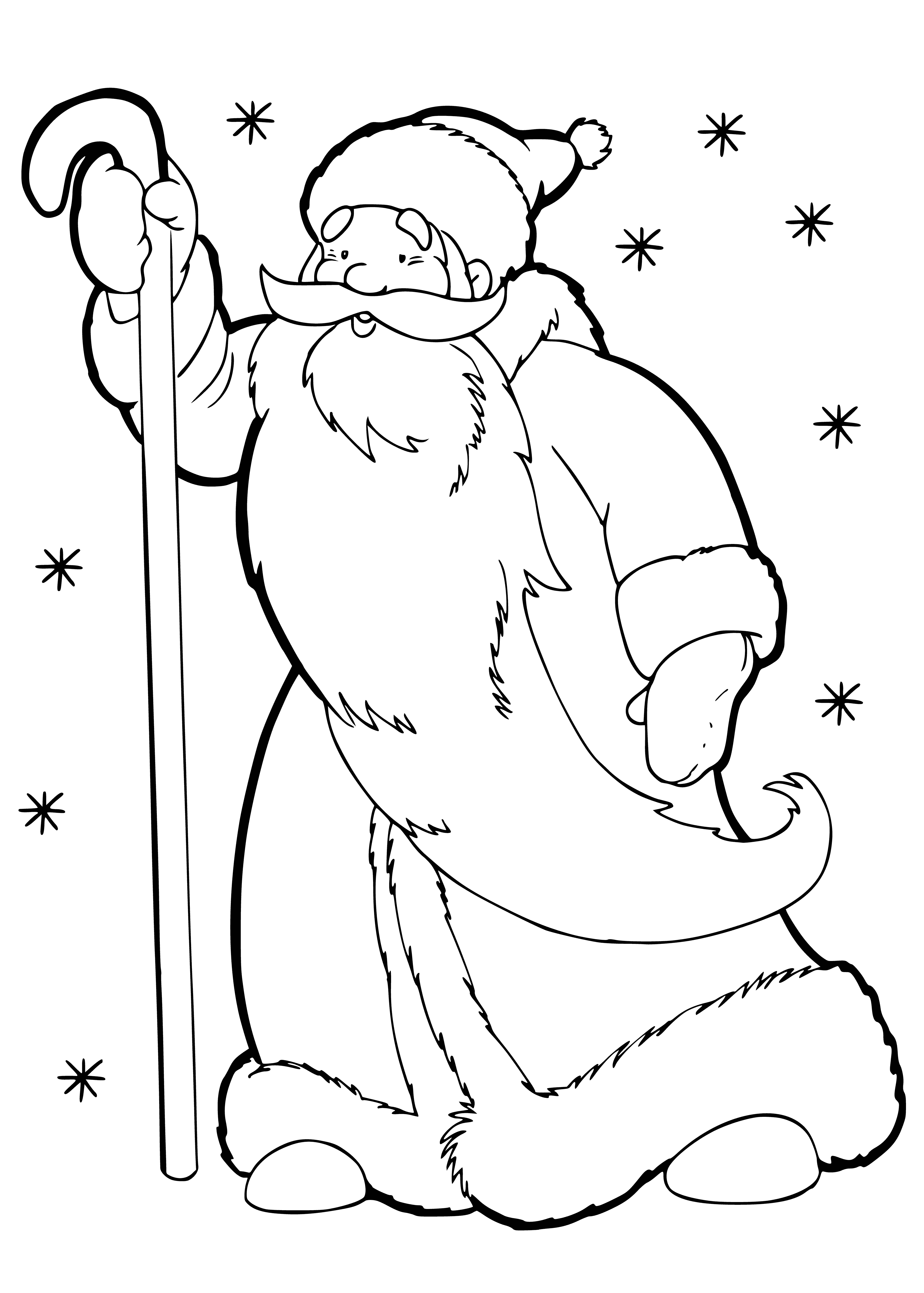 coloring page: Man in red suit with long white beard stands with staff in hand & sack over shoulder, in front of group of children.