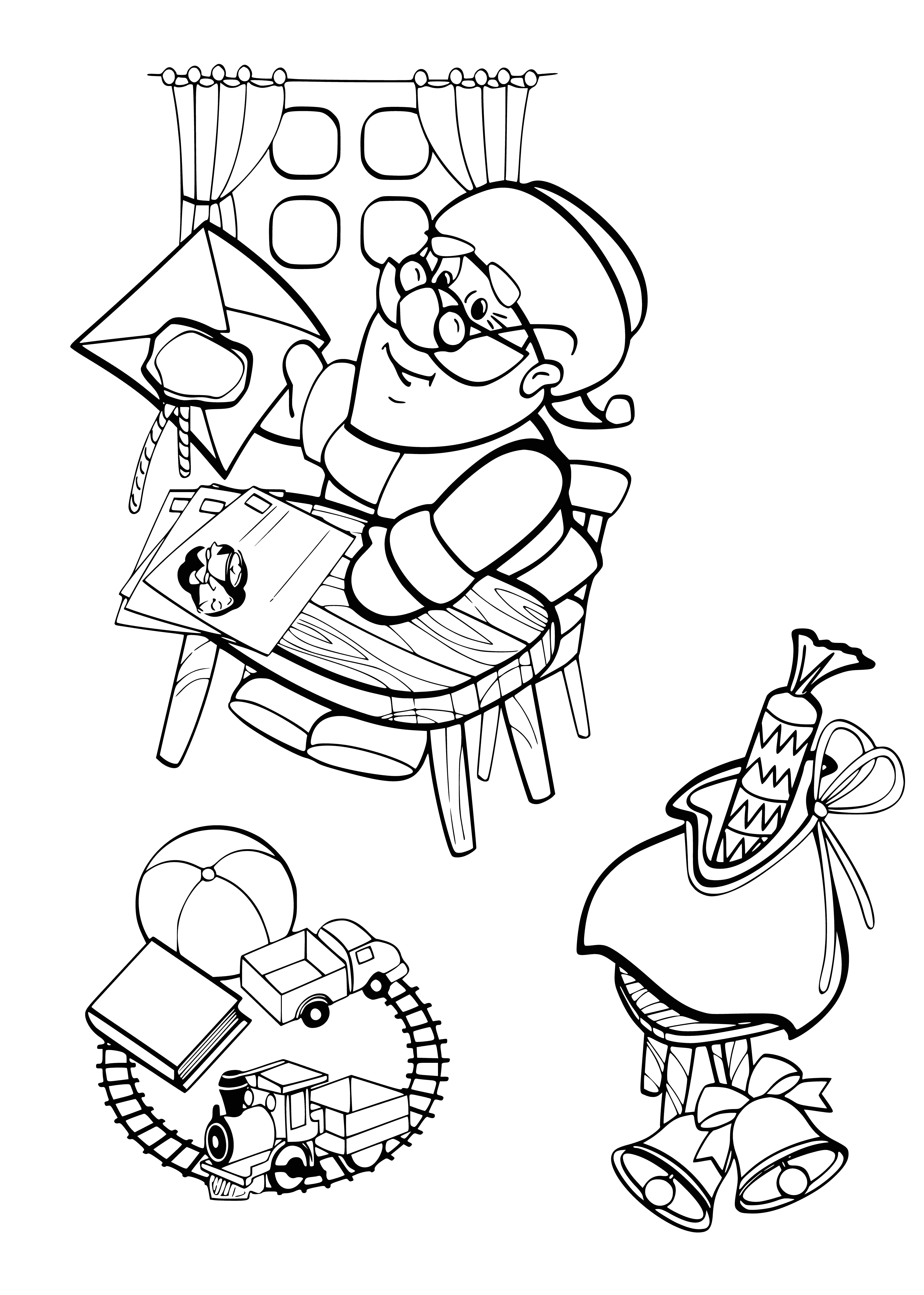 coloring page: Santa Claus is sorting gifts, looking for something specific with a concentrated expression.