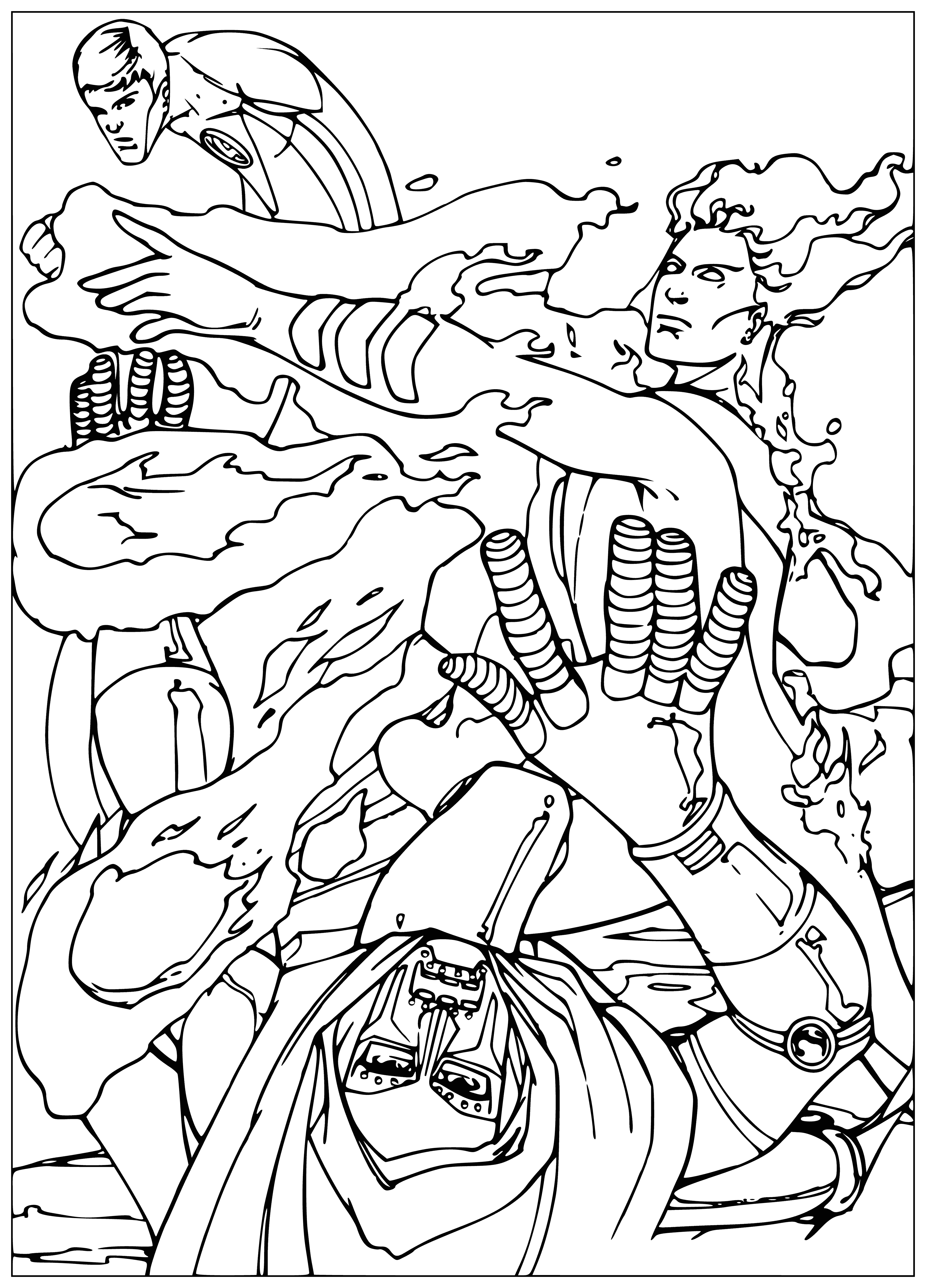 coloring page: Burning figure in center, with 3 others: woman, rock man, green-skinned man shooting energy from eyes. #coloringpage