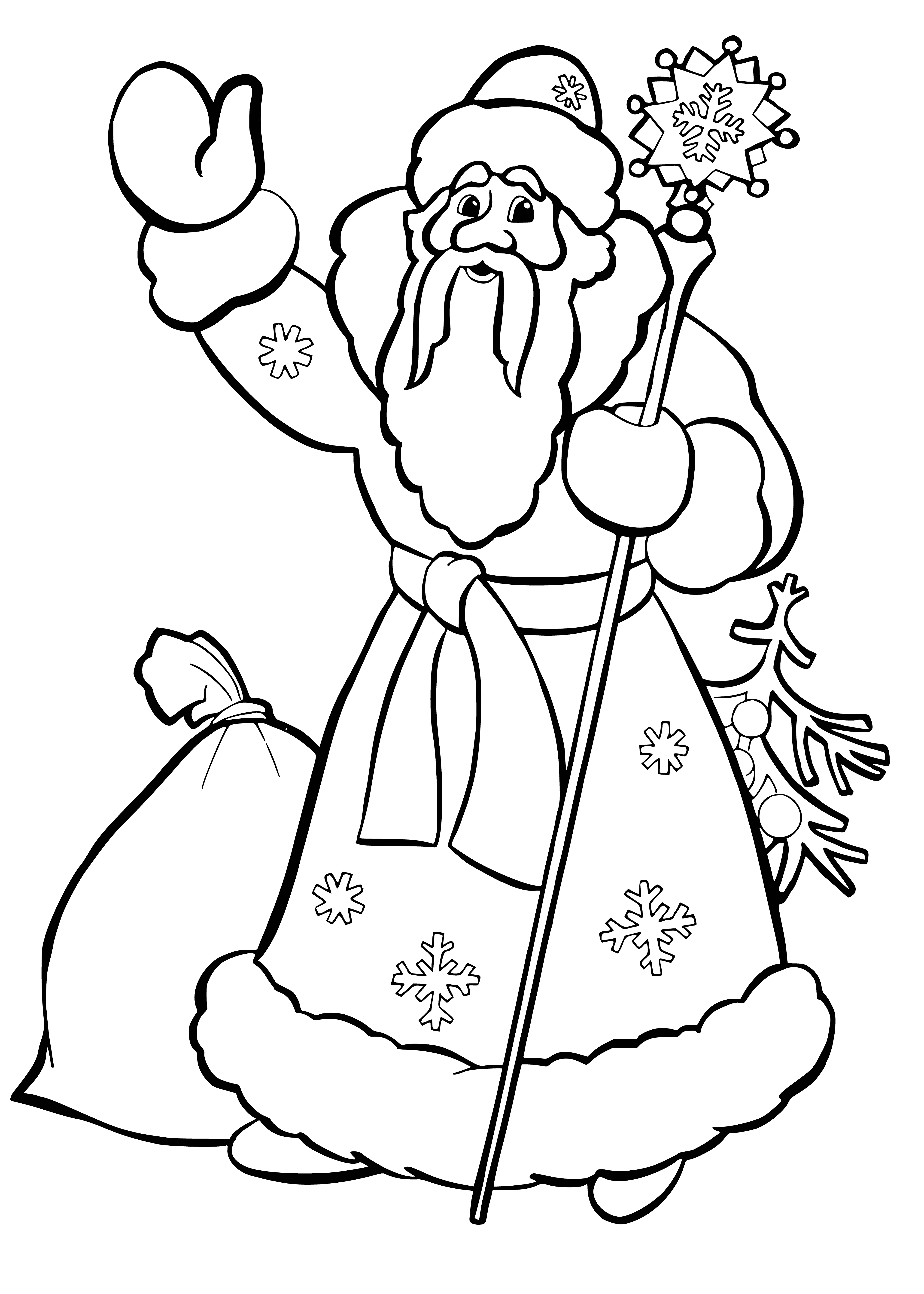 coloring page: Jolly man in red suit, white fur trim, long white beard, rosy cheeks, twinkly eyes, overflowing sack of presents - Santa!