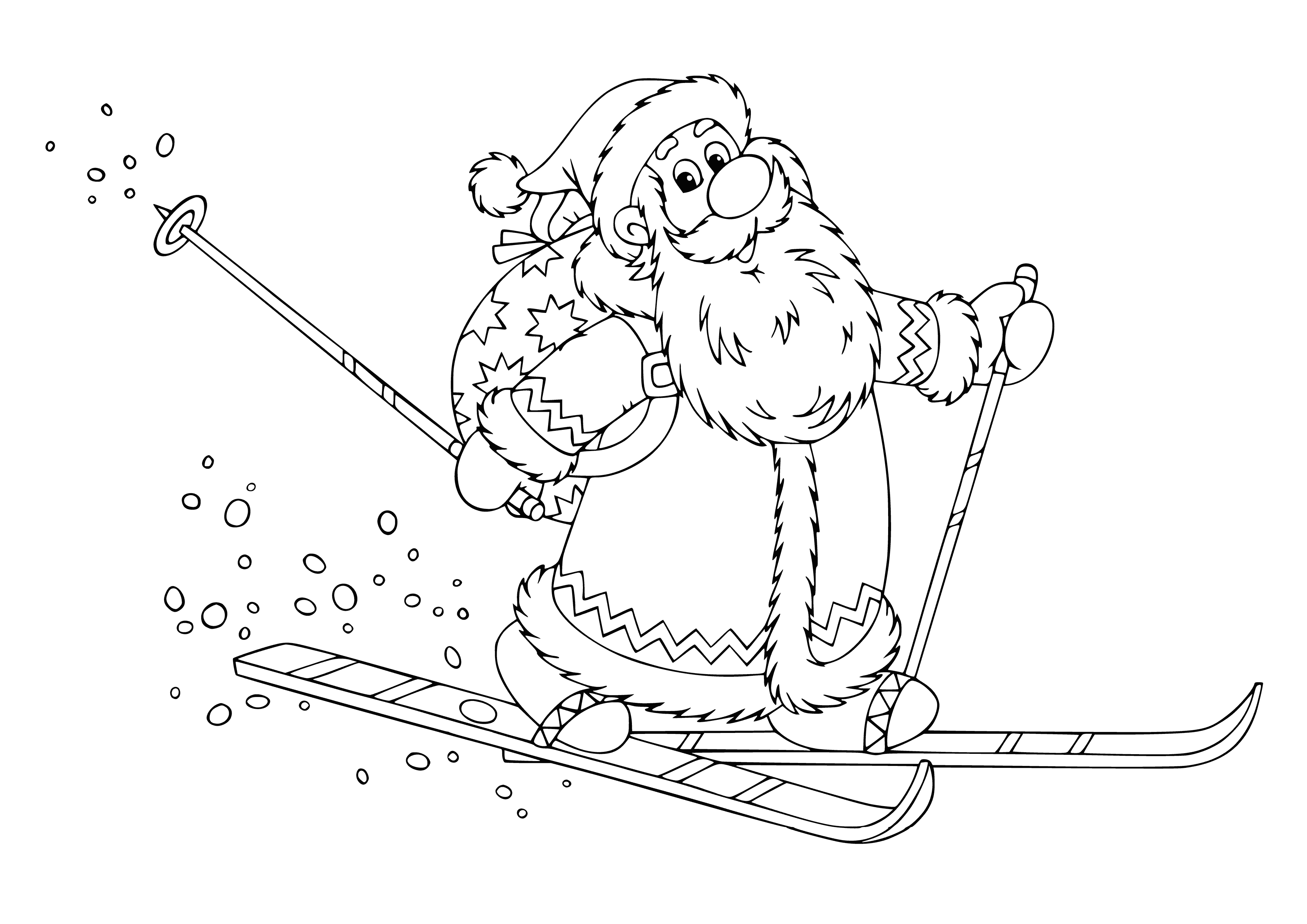 coloring page: Santa Claus skis down a hill with presents, wearing a red & white suit and white beard & scarf.