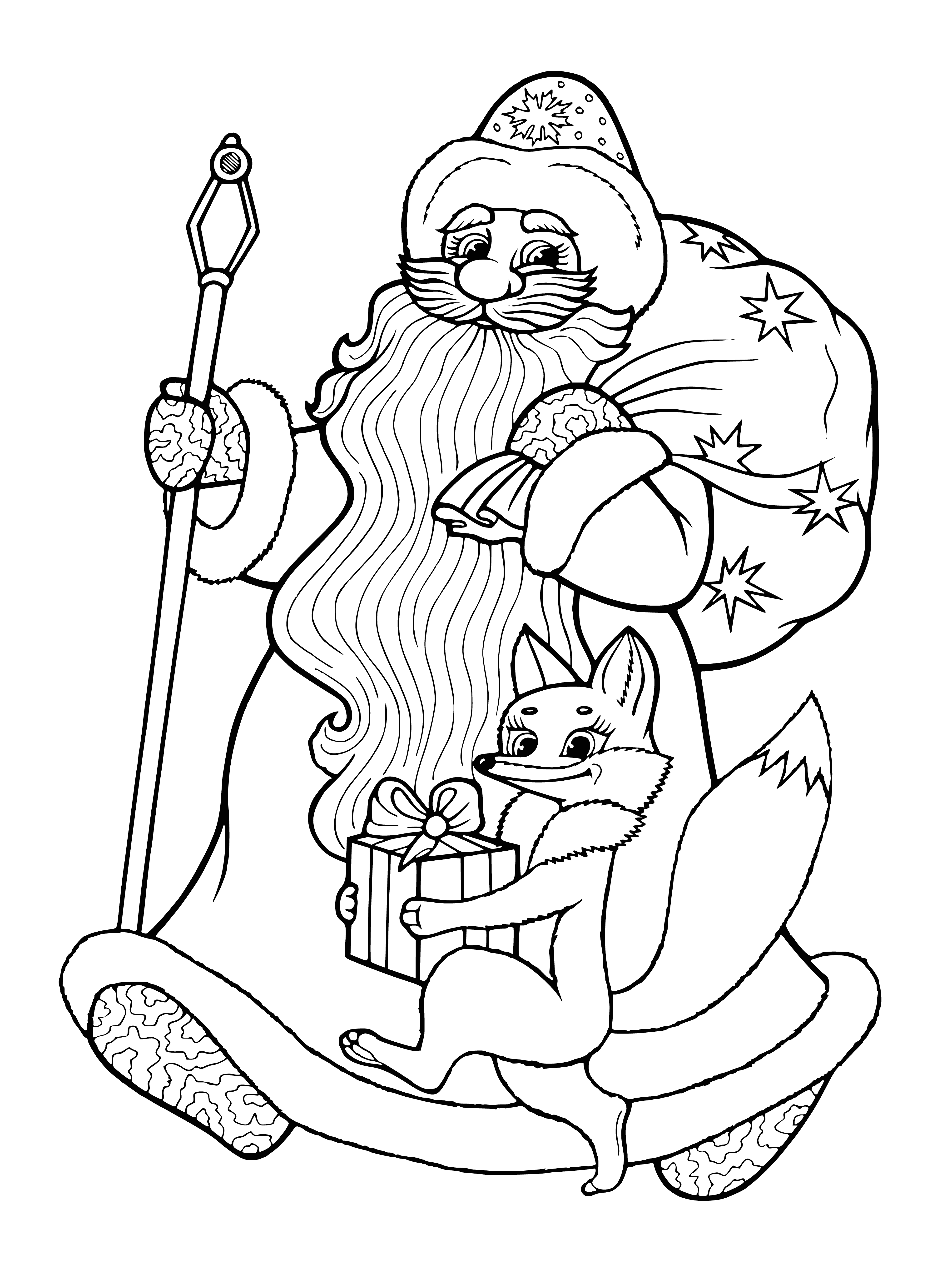 coloring page: Santa Claus is an elderly man with a beard, red coat & pants, a black belt and red hat with white fur trim, standing on a ladder and holding a sack of presents.
