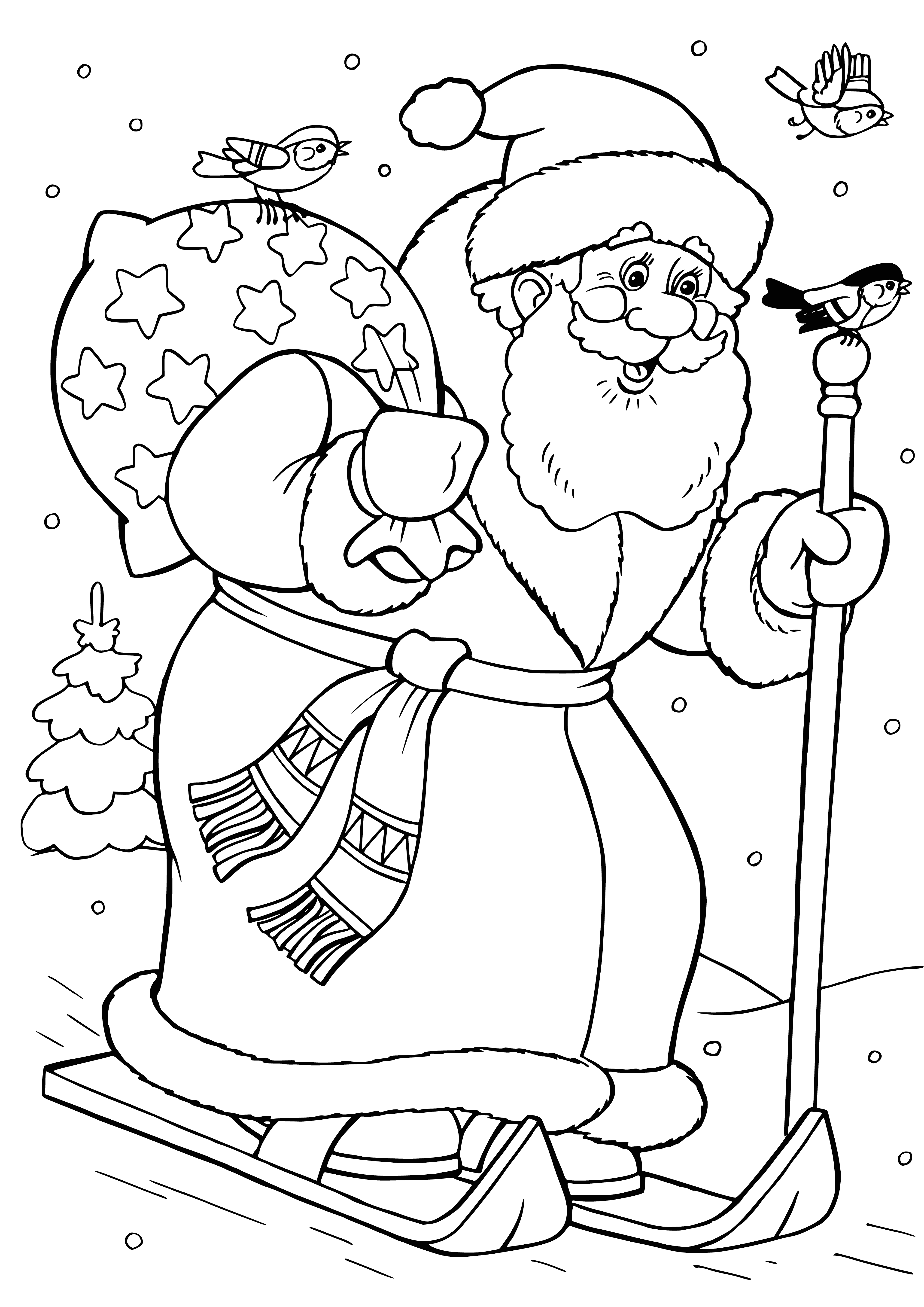 coloring page: Man in red suit skiing down hill, pulling sled with presents, white beard and red hat with white fur brim. #ChristmasEve