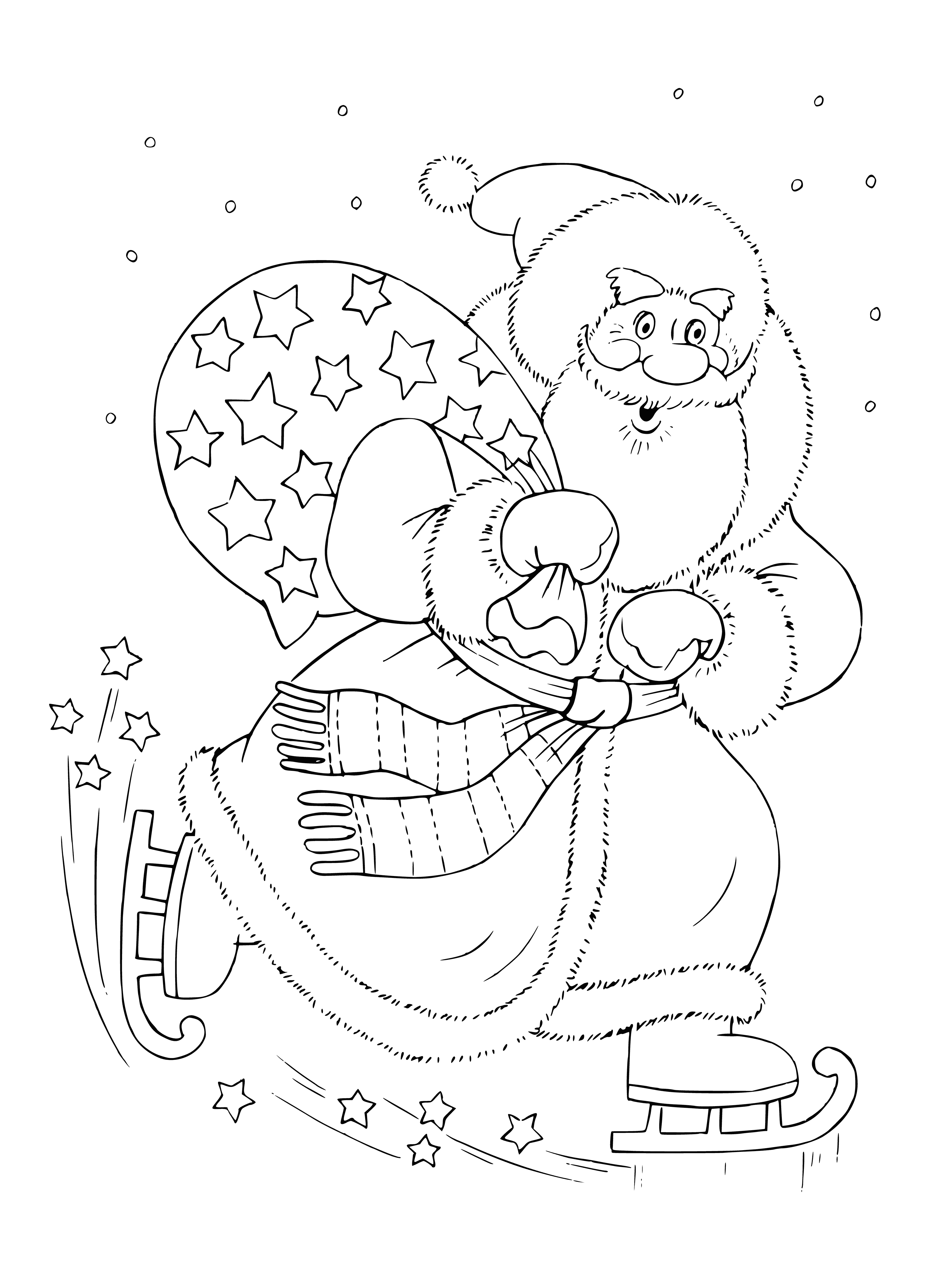 coloring page: Santa skating on a lake, holding a present. Red suit & white beard, red hat on his head.