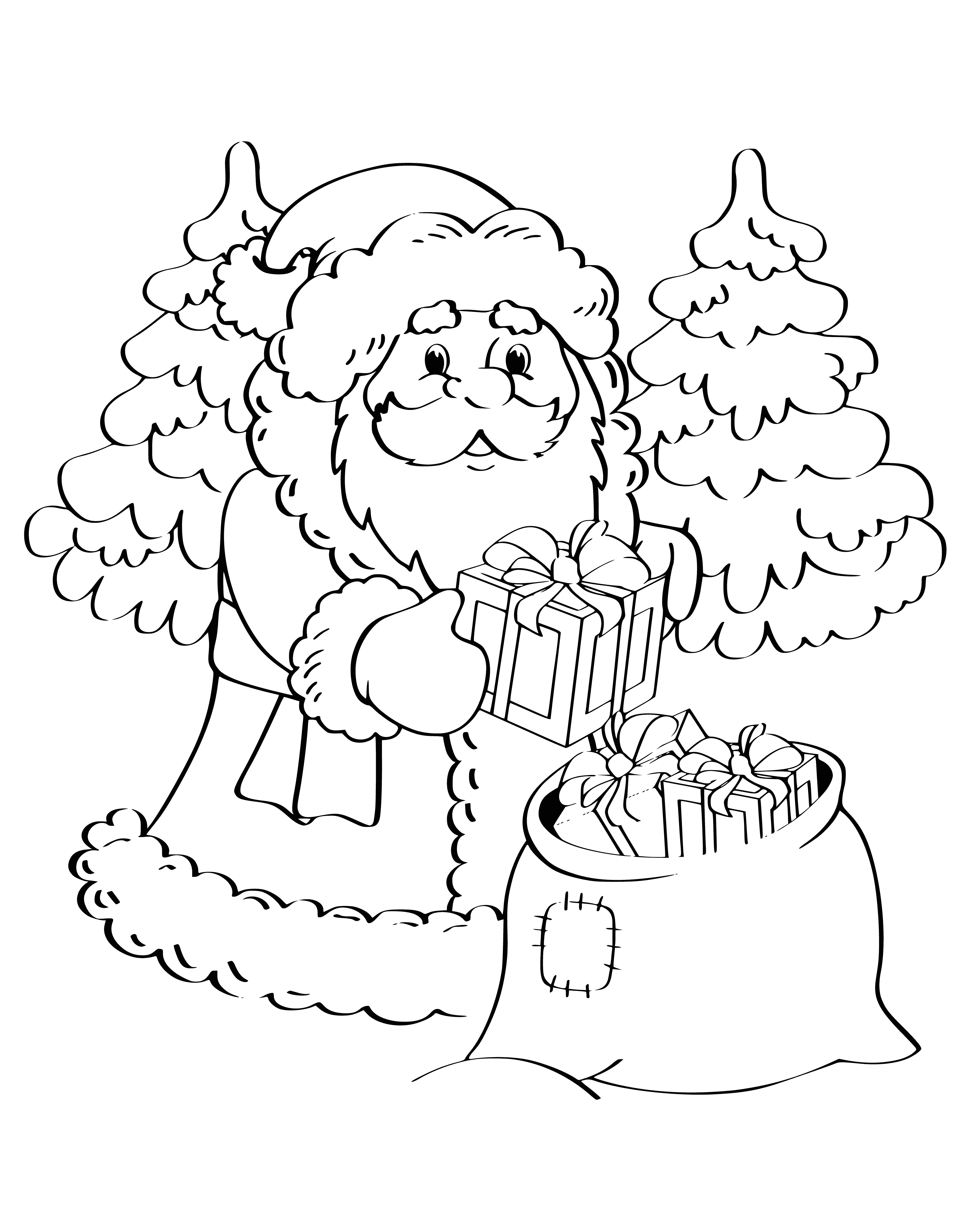 coloring page: Santa Claus in a red suit, festive sleigh and 8 reindeer feature on the coloring page; a happy Santa holding a candy cane and waving with twinkle in his eye.