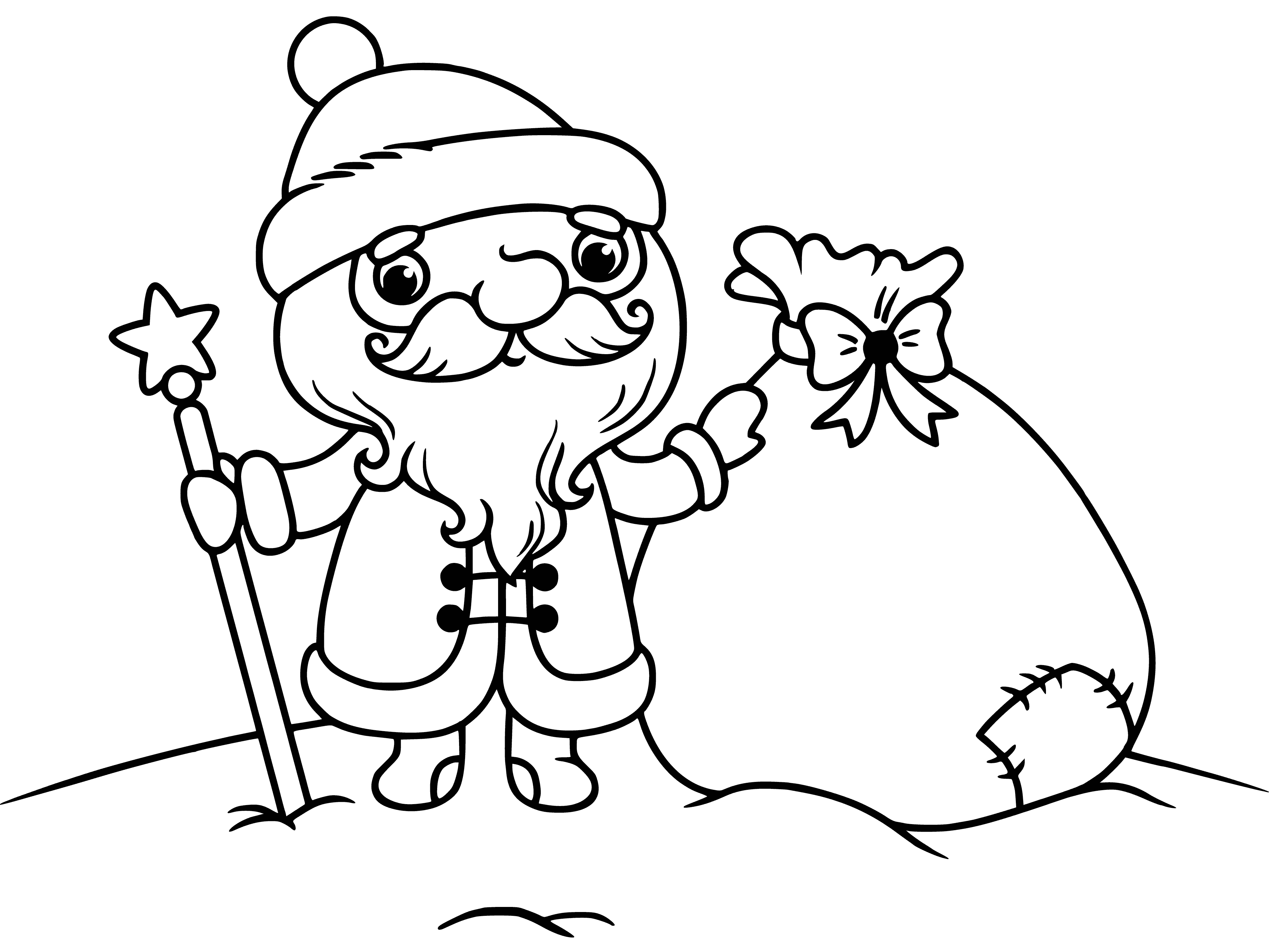 coloring page: Jolly man in red suit w/ white beard, red hat w/ white puff, holding presents & shaking belly like bowl full of jelly when he laughs.