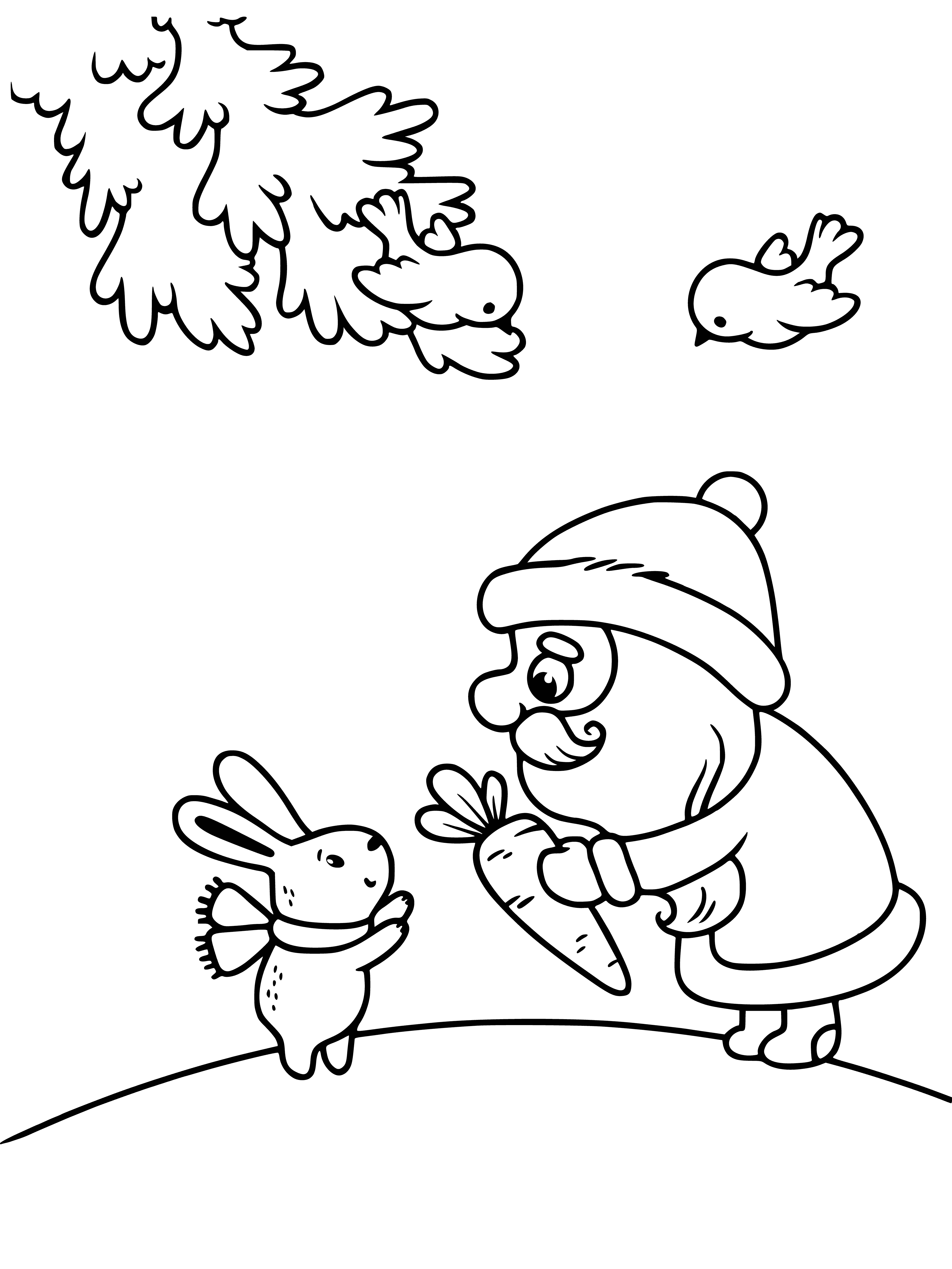 coloring page: Santa Claus stands in front of a Christmas tree, wearing a red suit & hat with white fur trim, a white beard & a large red sack of presents.