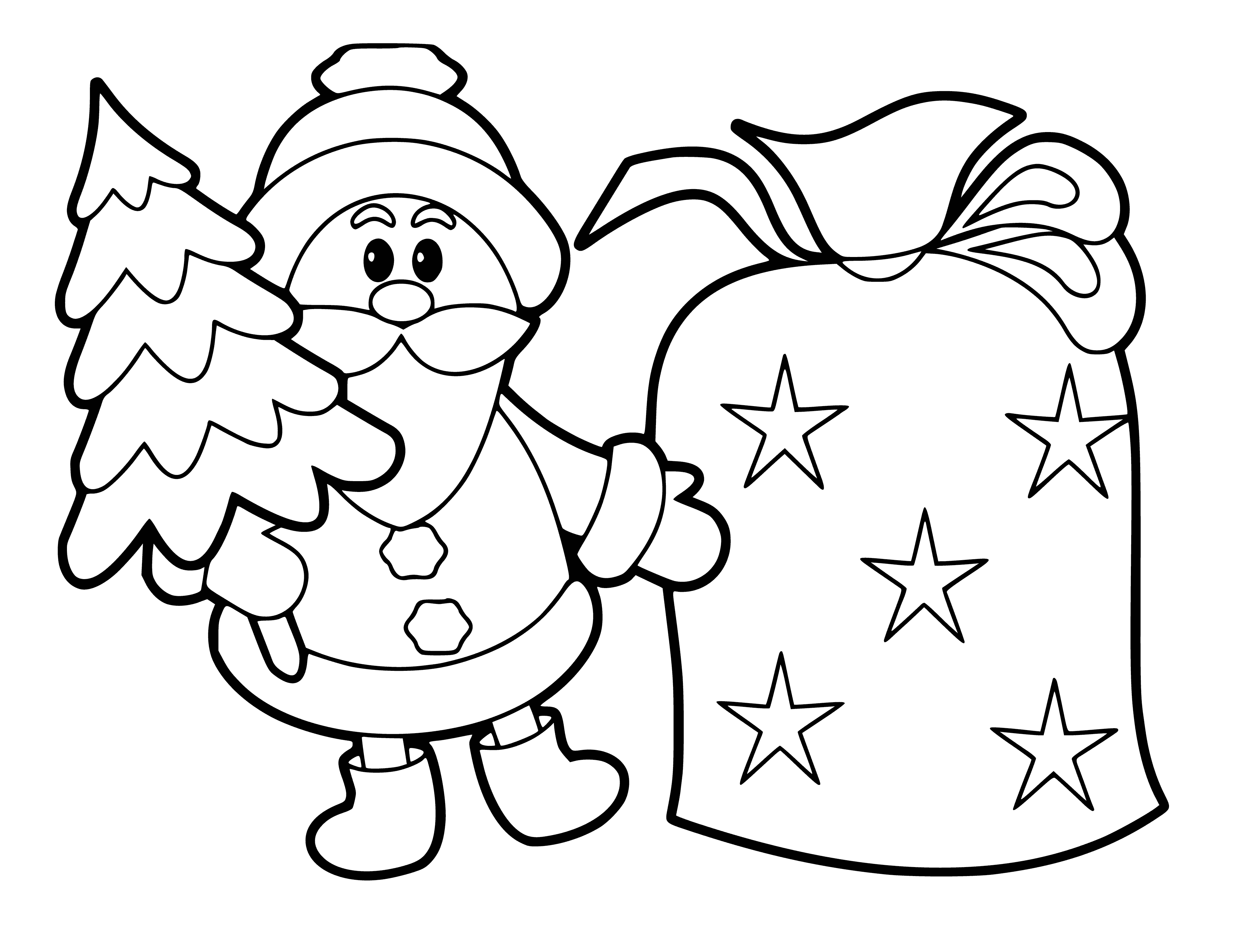 coloring page: Santa Claus stands happily in his sleigh with a big belly, white beard & red suit, ready to deliver toys via 8 reindeer around the world.