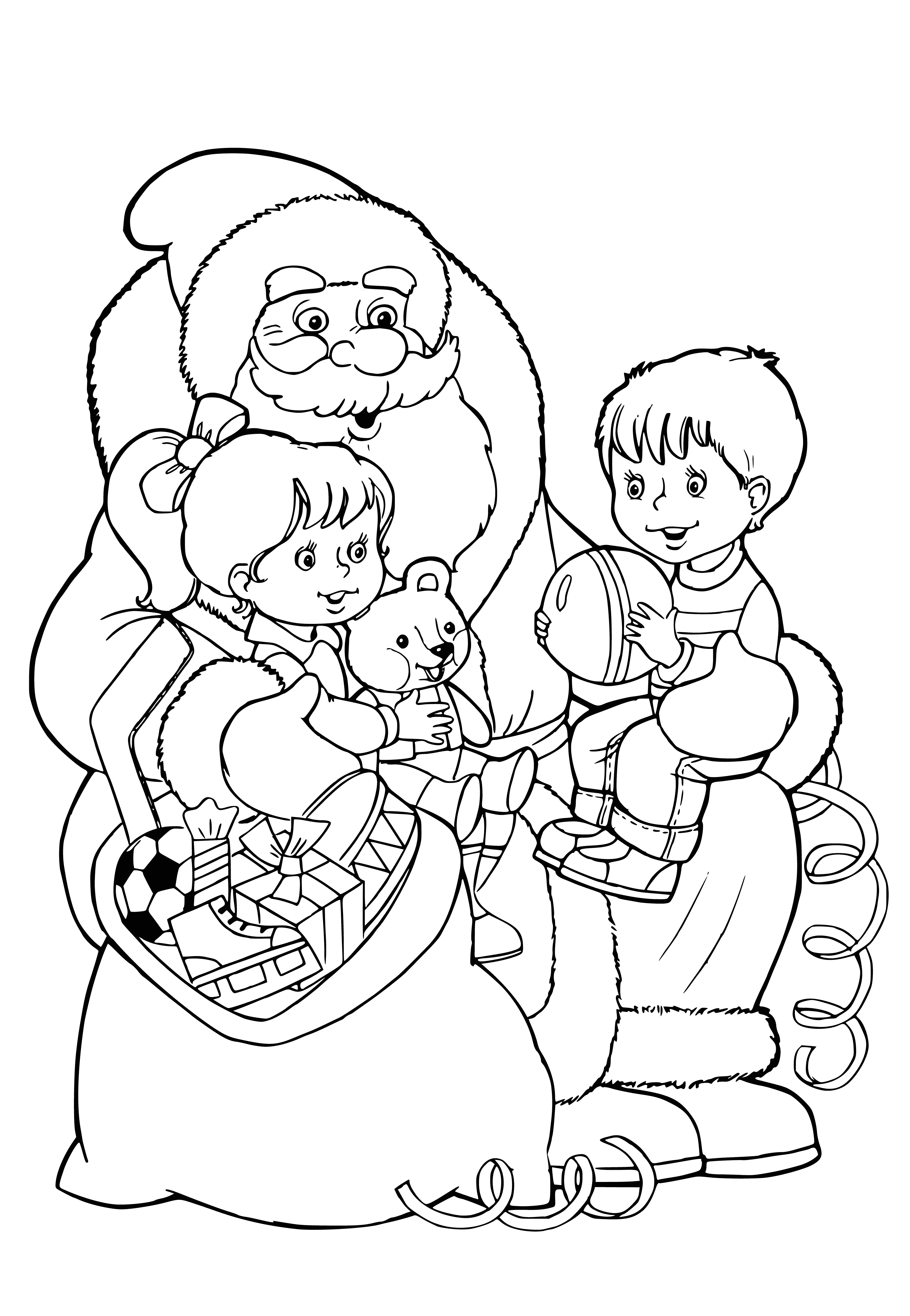 Children surround Santa in a coloring page, appear happy & excited. Santa has white beard & holds a sack of presents.