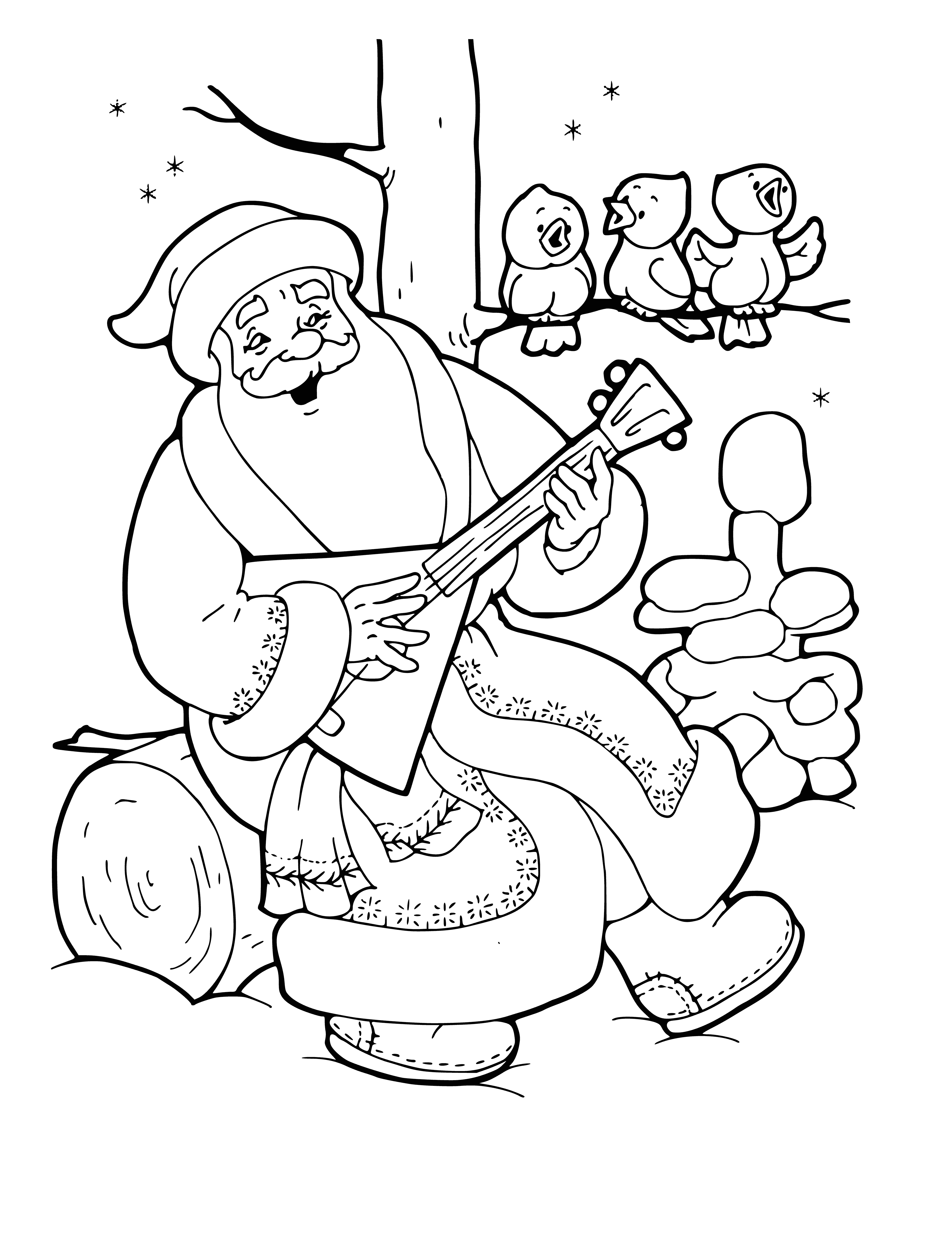 coloring page: Santa Claus plays balalaika in a red suit & hat, white beard - a jolly scene for holiday coloring! #coloring #SantaClaus