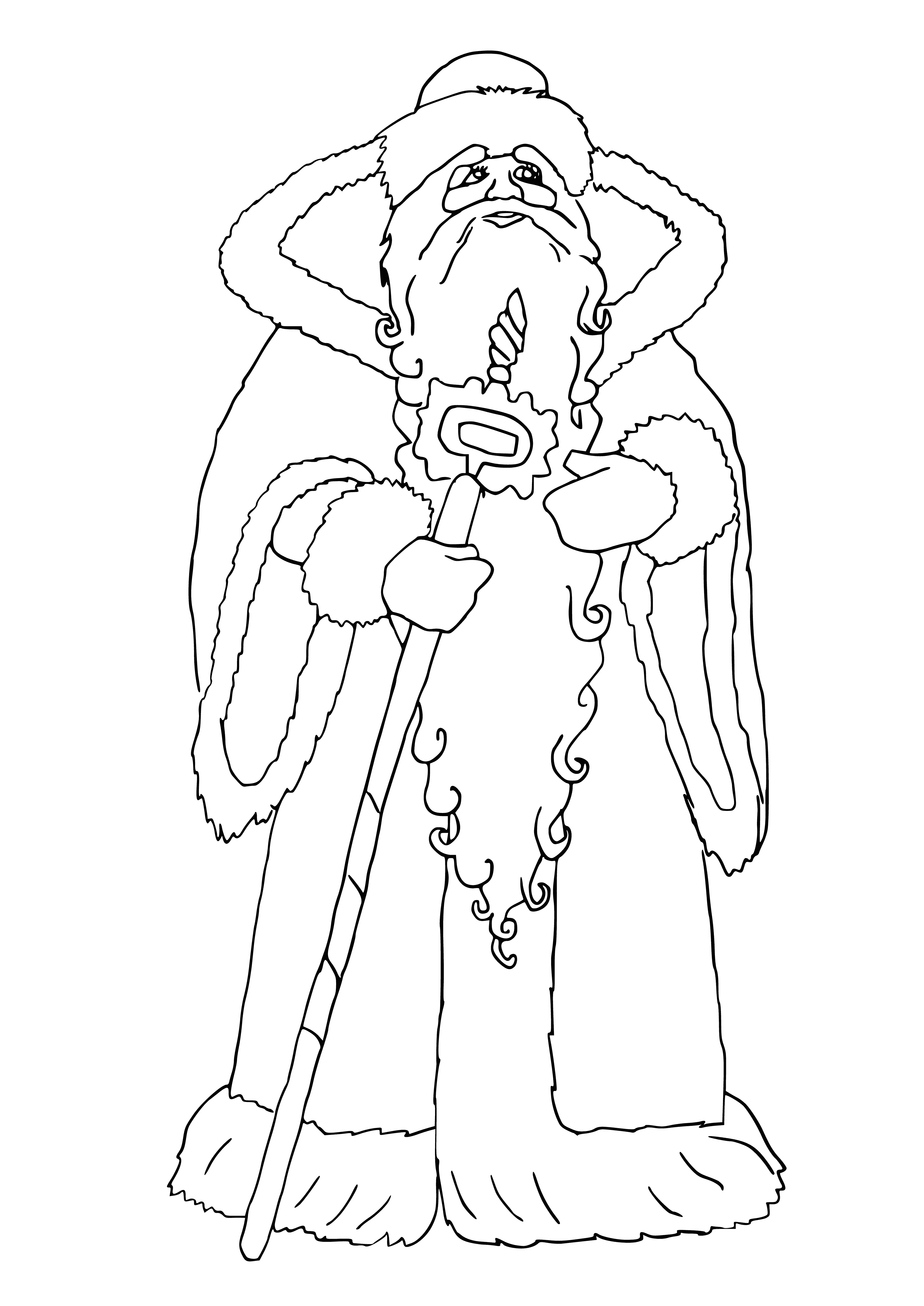 coloring page: Old man in red suit holds presents & toys, stands by fireplace w/stockings on mantel.