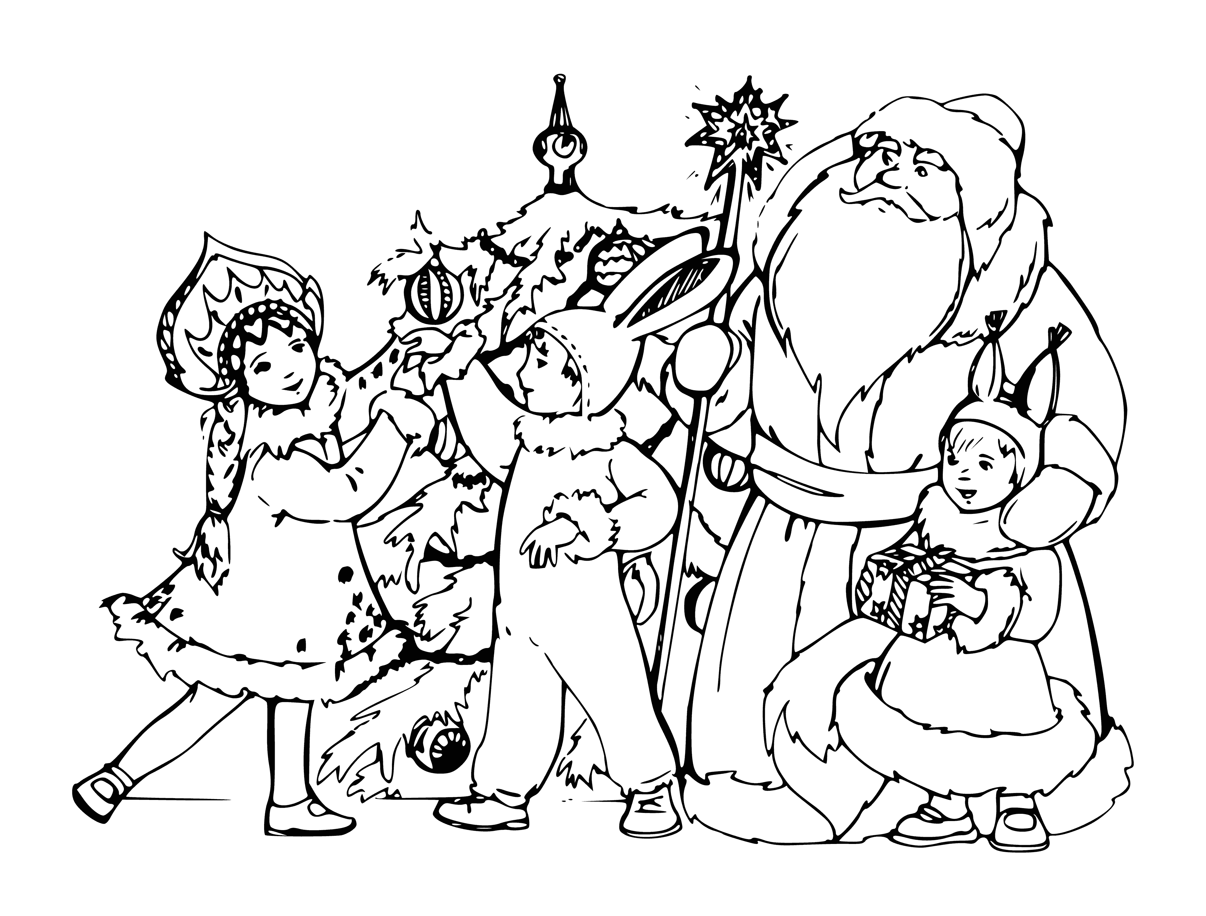 coloring page: Santa Claus stands next to a Christmas tree adorned with ornaments & lights, holding presents & wearing a red suit & white beard.