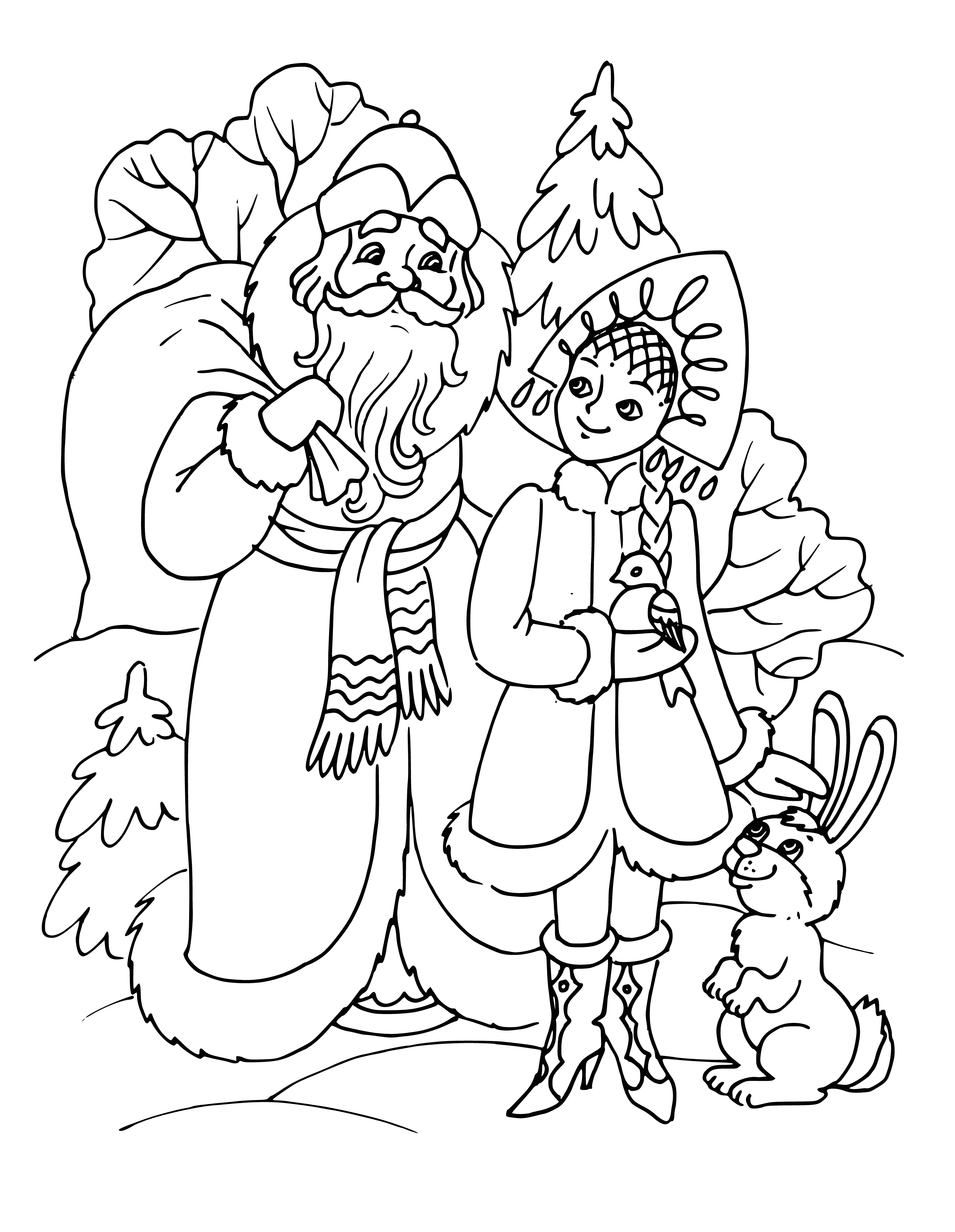 coloring page: Tall, thin man & beautiful girl stand in snow; man wears red coat+hat, holds staff; girl wears white dress+scarf, has blonde hair.