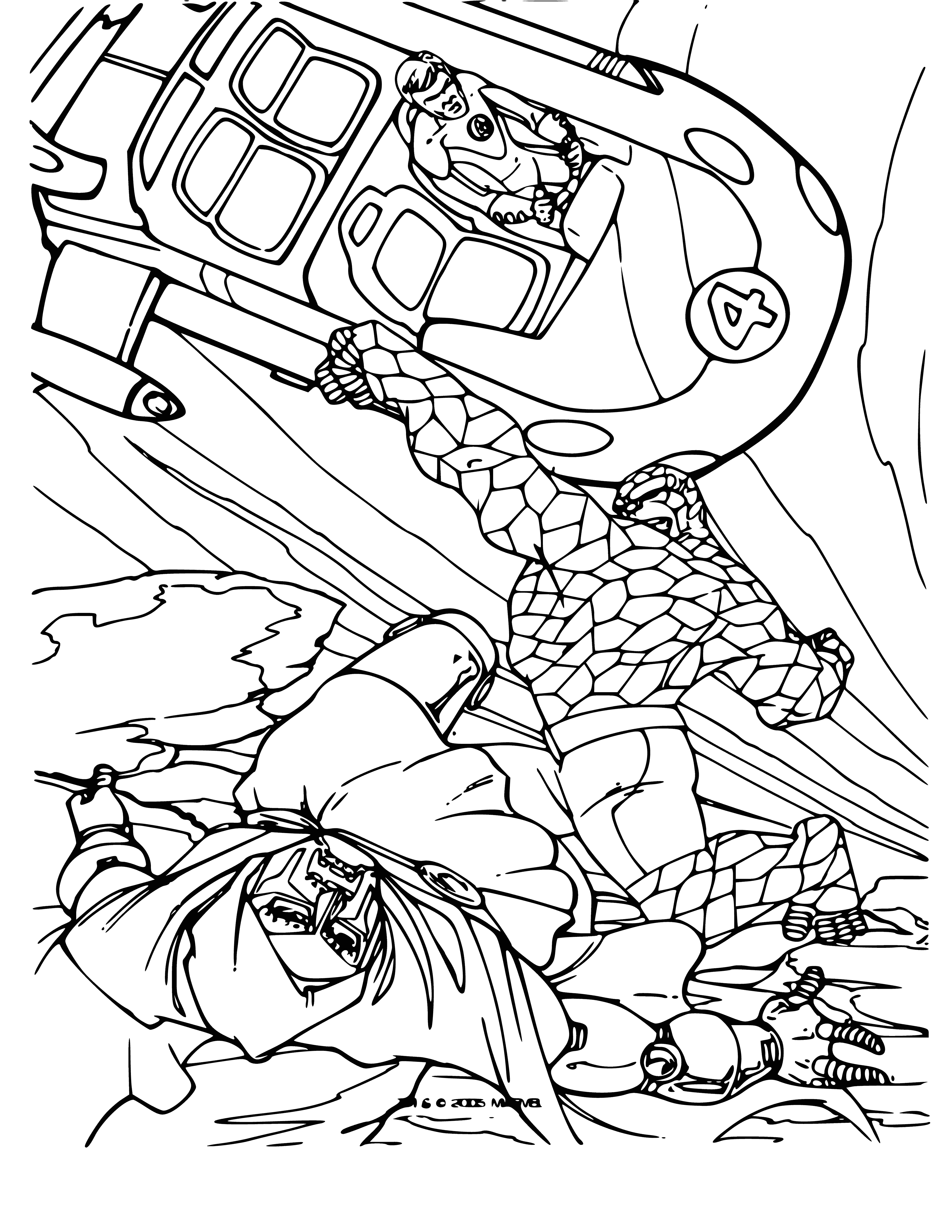 coloring page: The Fantastic Four focus their energy as a glowing, orange ball appears in their circle. Buildings in the background watch on.