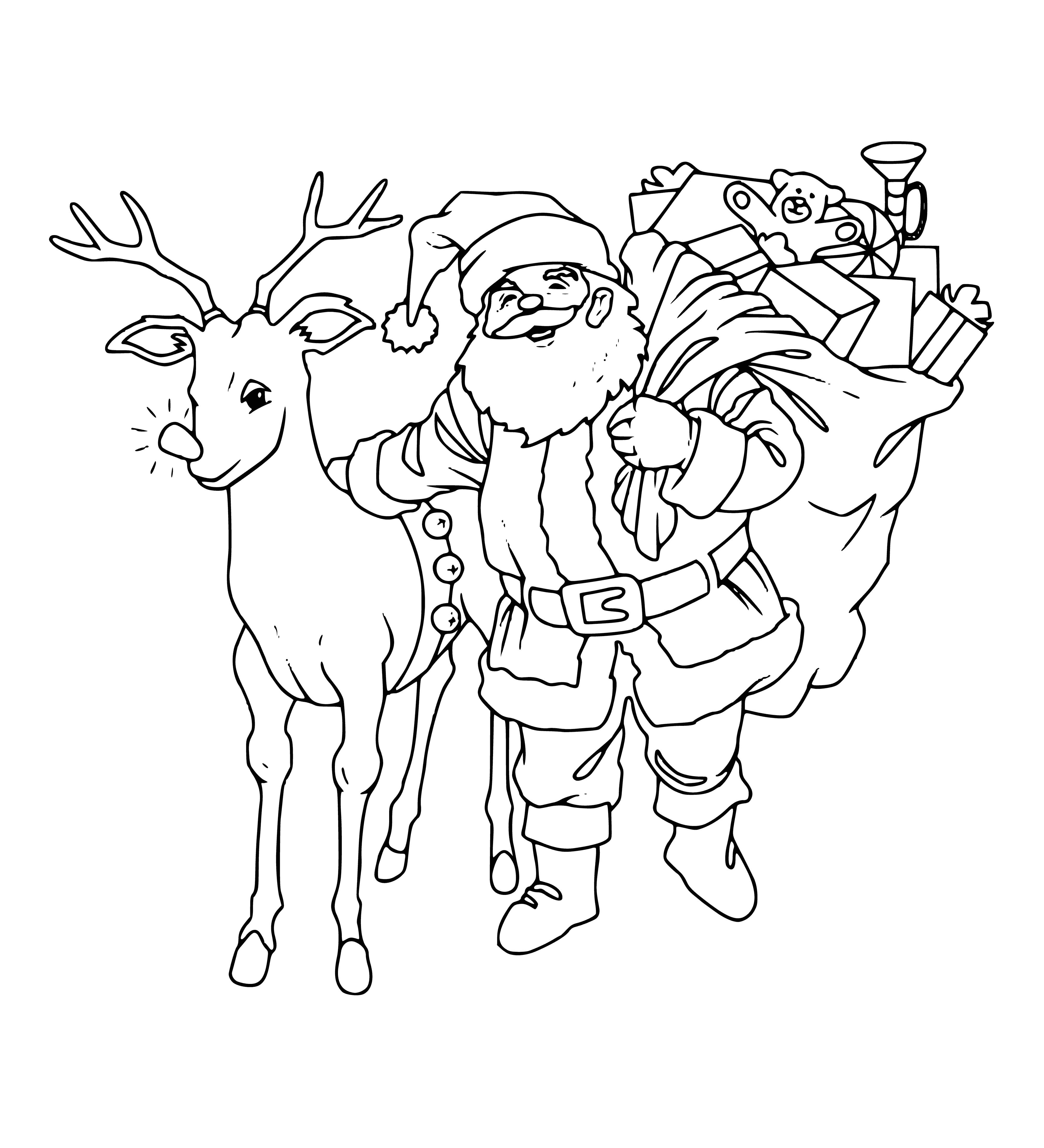coloring page: Santa Claus is smiling with presents and lights, while Rudolph stands nearby with a red nose. #Christmas