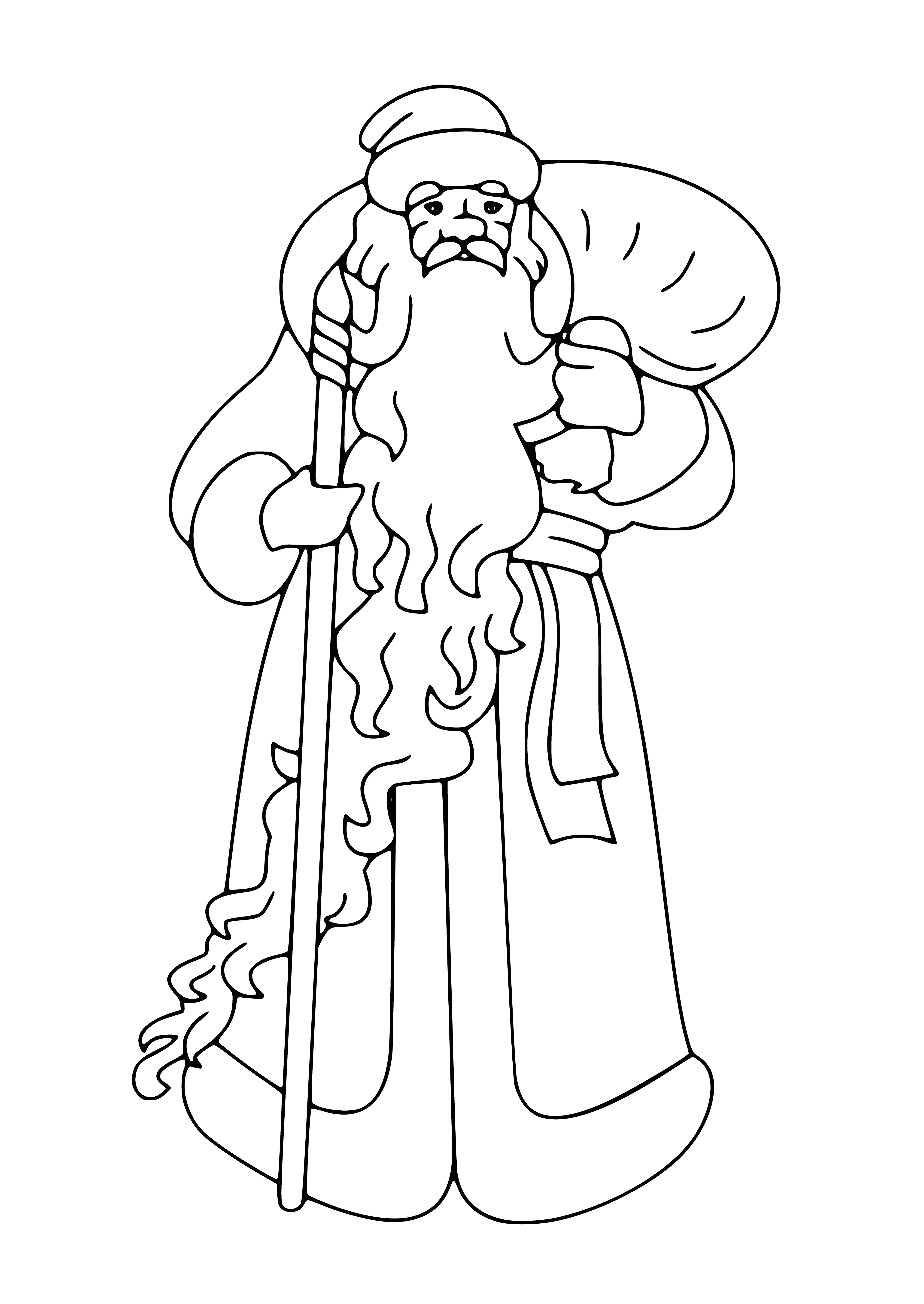coloring page: Fat, jolly Santa sits with a little girl and holds presents, a sack filled with more gifts next to him.