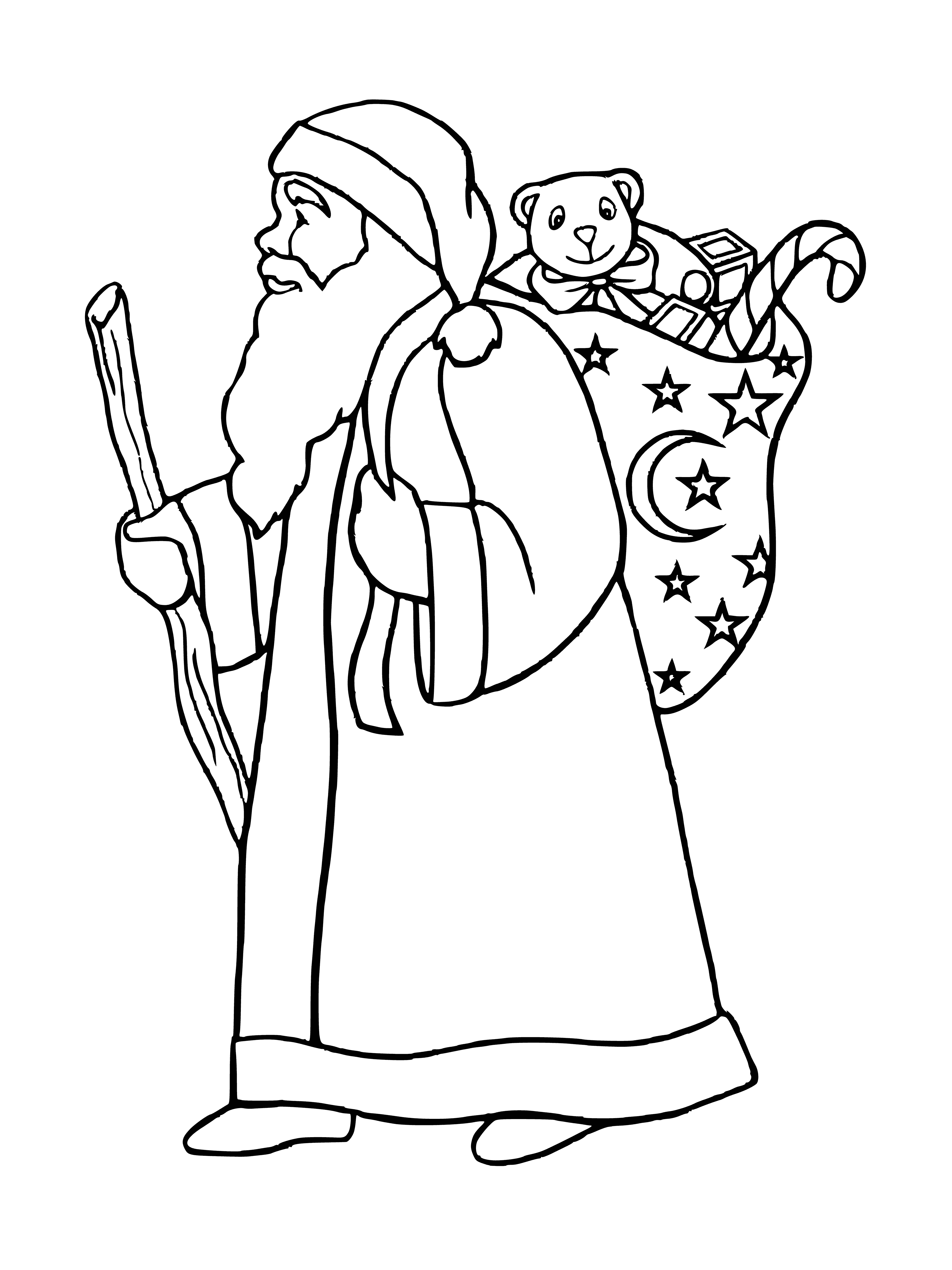 coloring page: Santa is a jolly old man with a white beard, red suit, black boots & a sack of toys. He has a twinkle in his eye & a candy cane in hand.