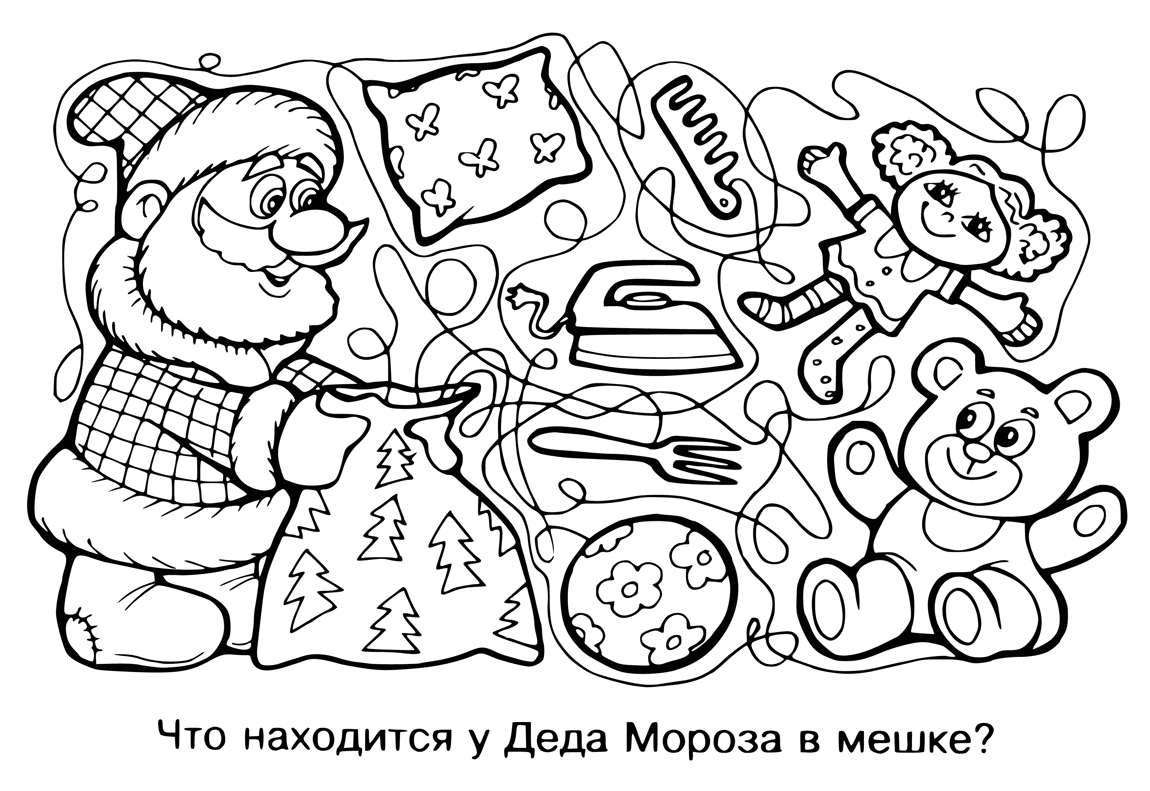 coloring page: Santa Claus holds a bag full of presents in the coloring page. #ChristmasFun