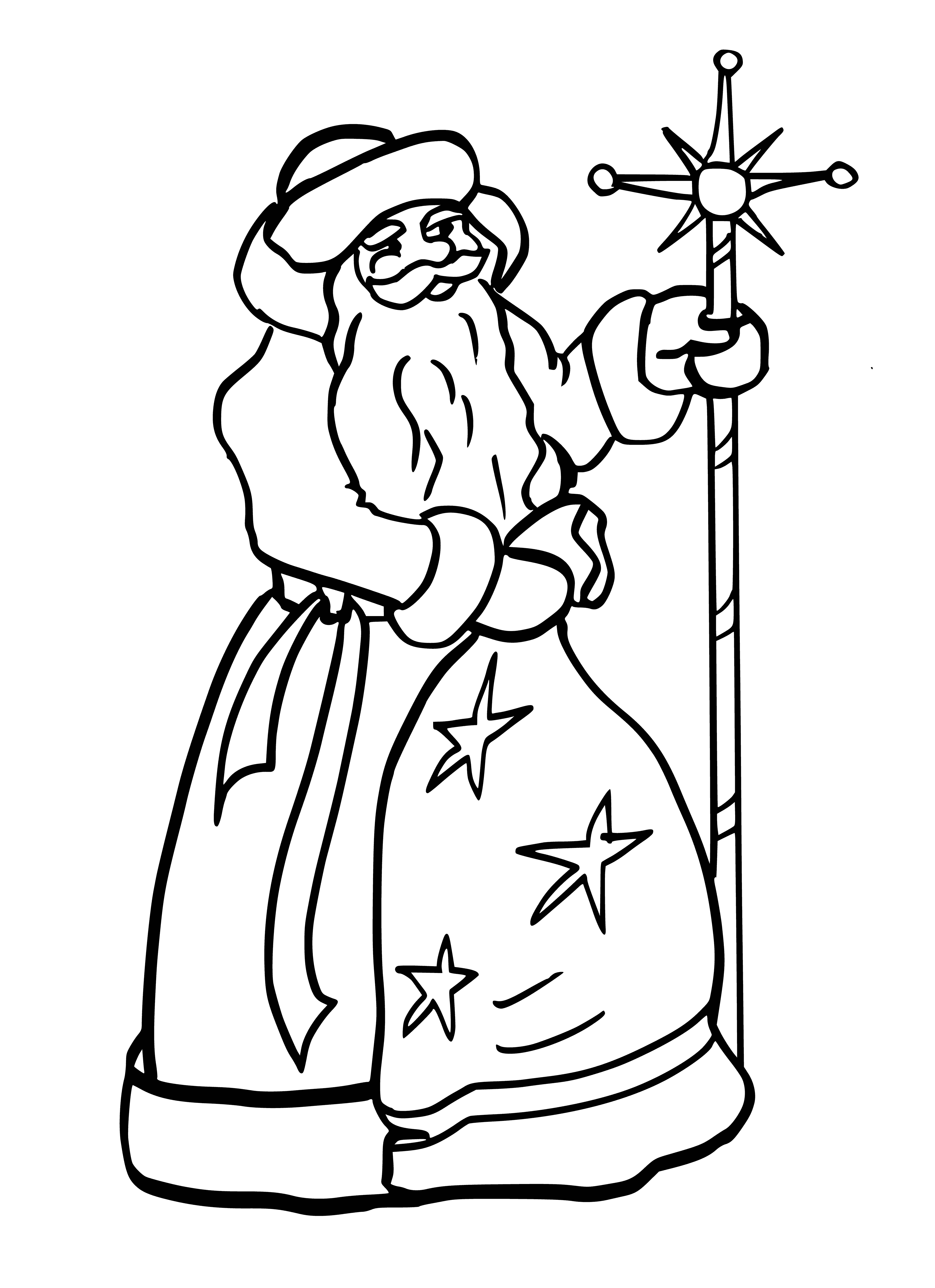 coloring page: Santa Claus is jolly & holding a large bag full of presents in a red coat & hat with white fur trim! #Christmas #ColoringPage