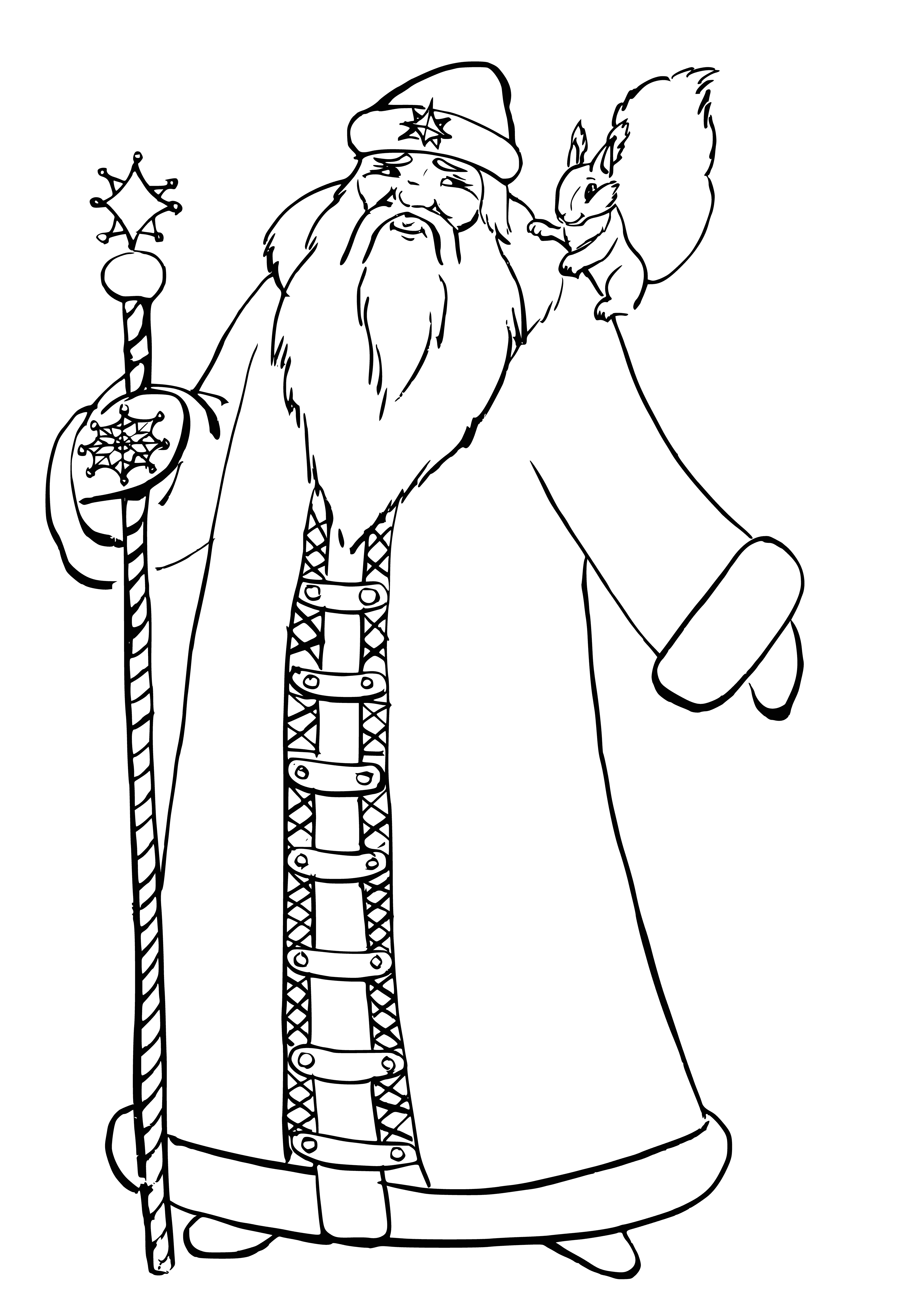 coloring page: Jolly old man in red suit with white fur, gifts over shoulder, standing in front of a fireplace filled with Xmas decorations.