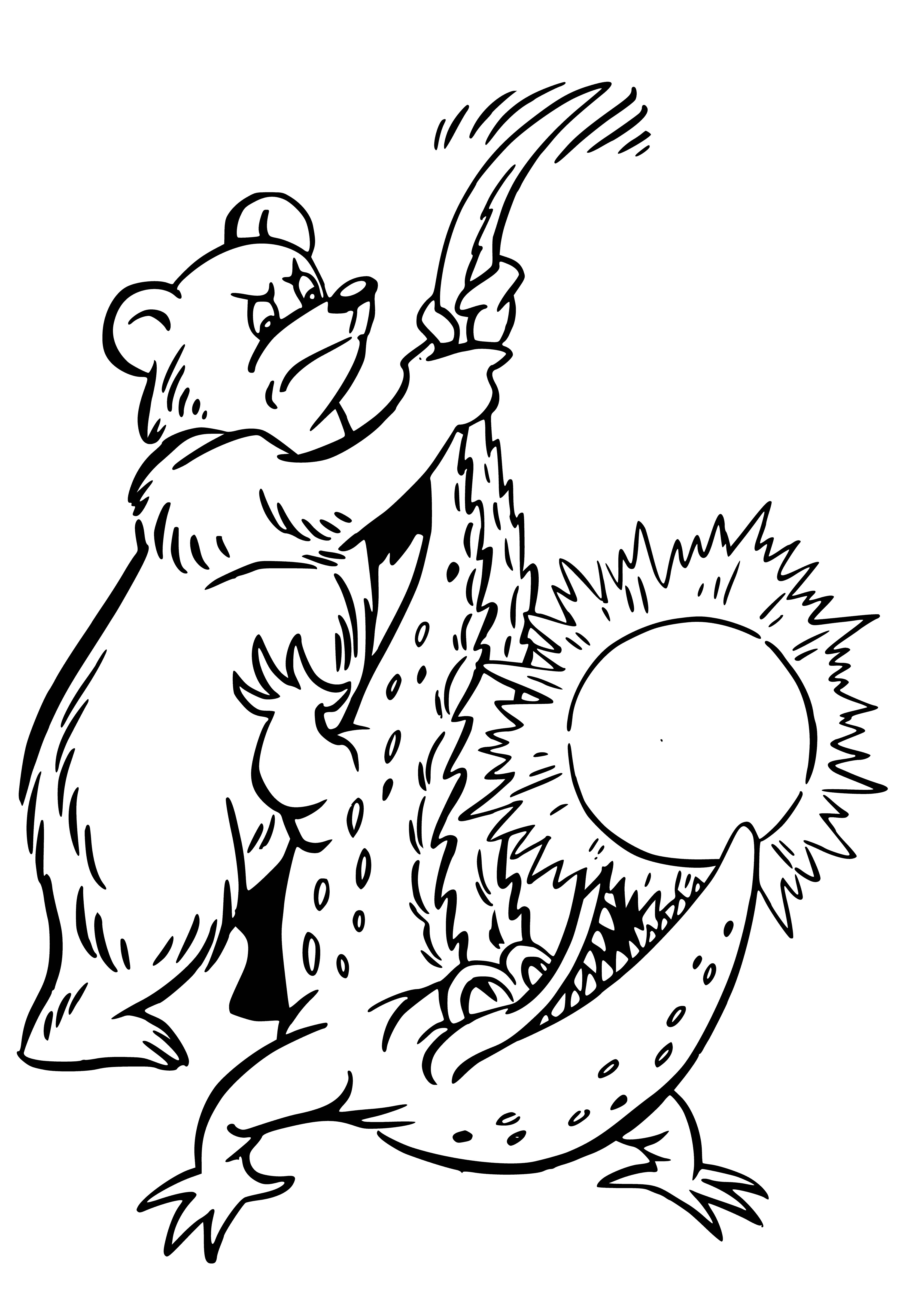 coloring page: Coloring page of a rooster with sun and tree, plus a smiling rabbit looking up at it.