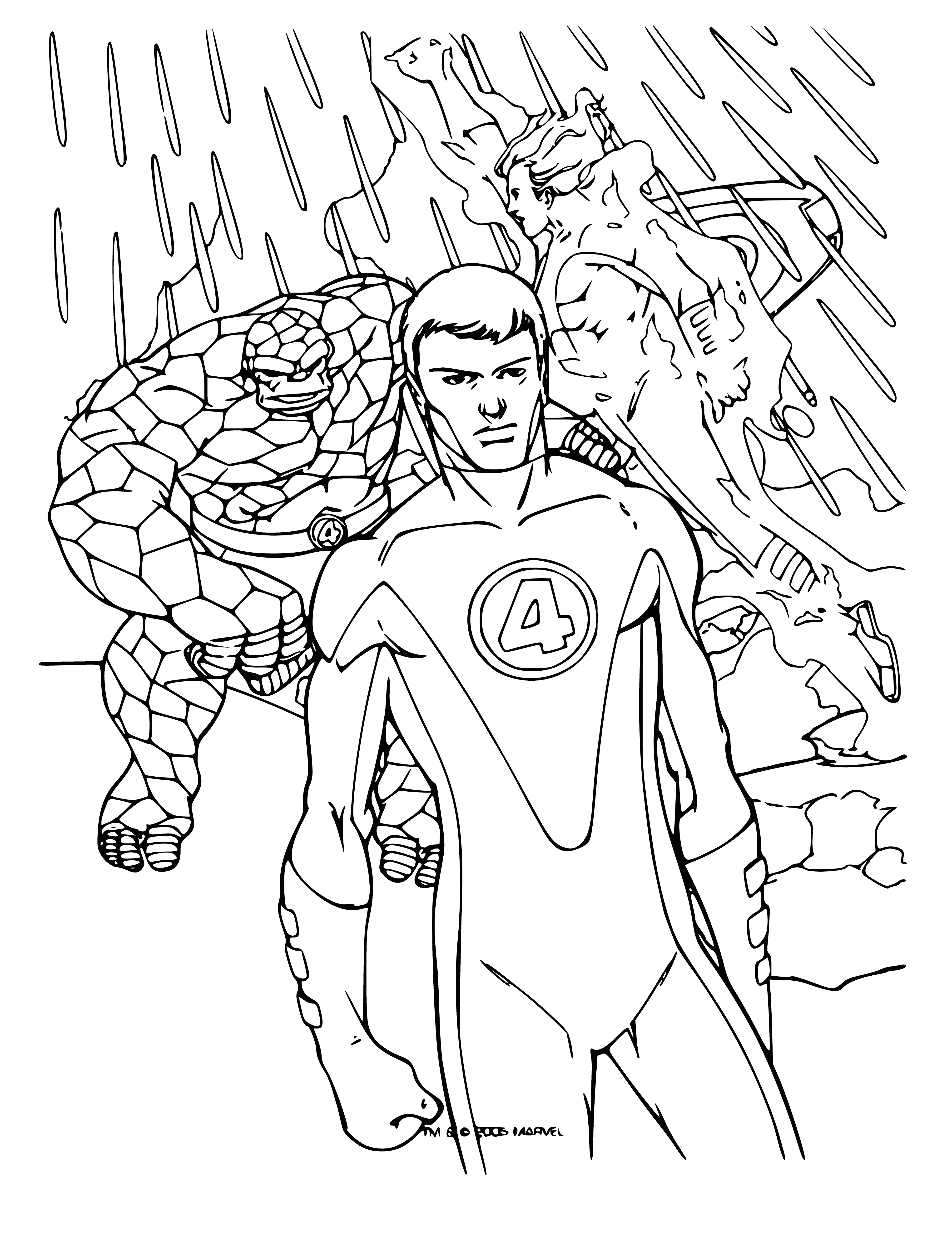 coloring page: The Fantastic Four use their unique powers to protect the world from evil and save it from destruction. Mr. Fantastic, Invisible Woman, Human Torch, and the Thing make up the heroic team.
