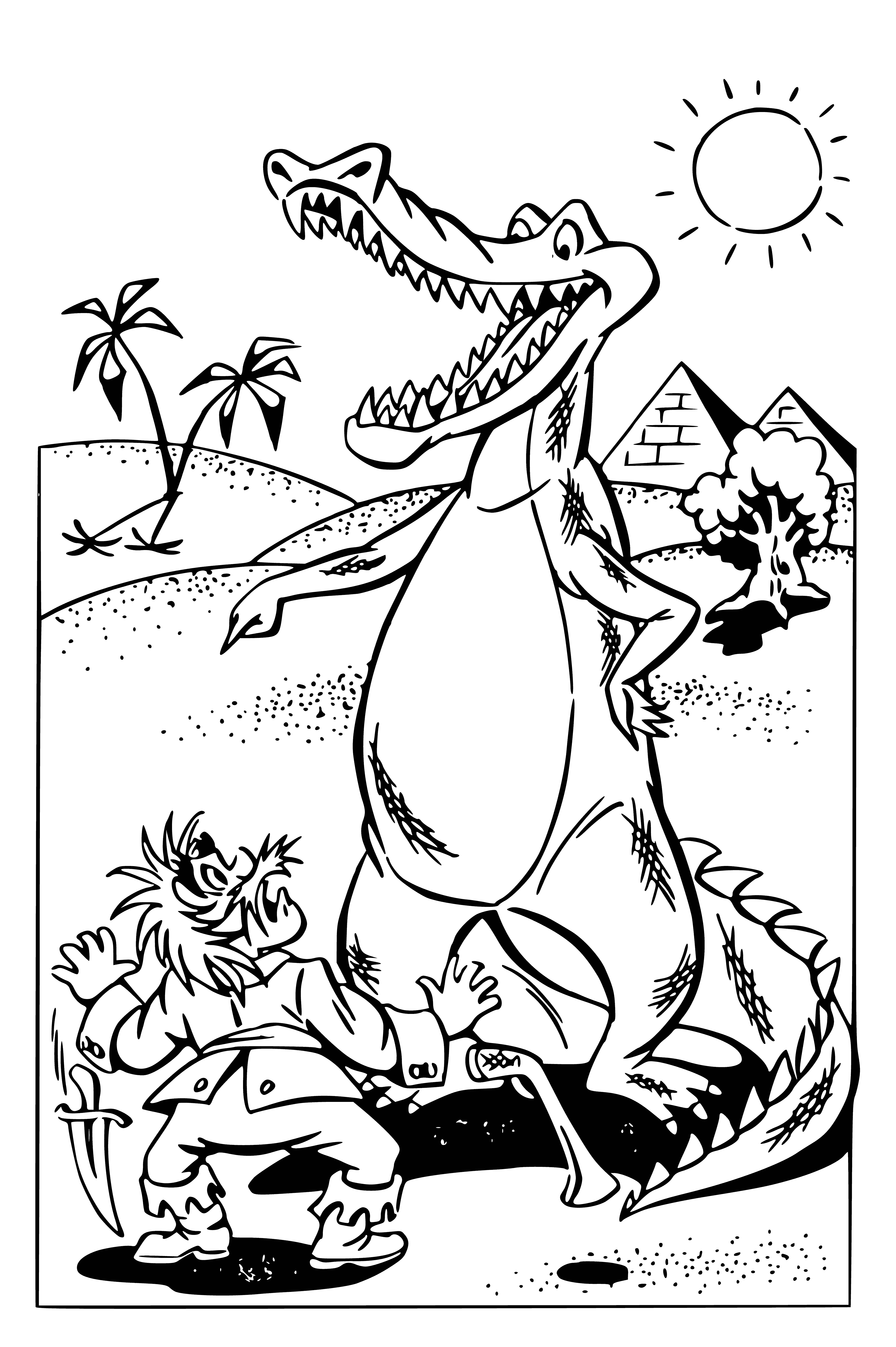 coloring page: Crocodile in center of page, cat & dog on either side looking at it fearfully, the dog has a stick in its mouth.
