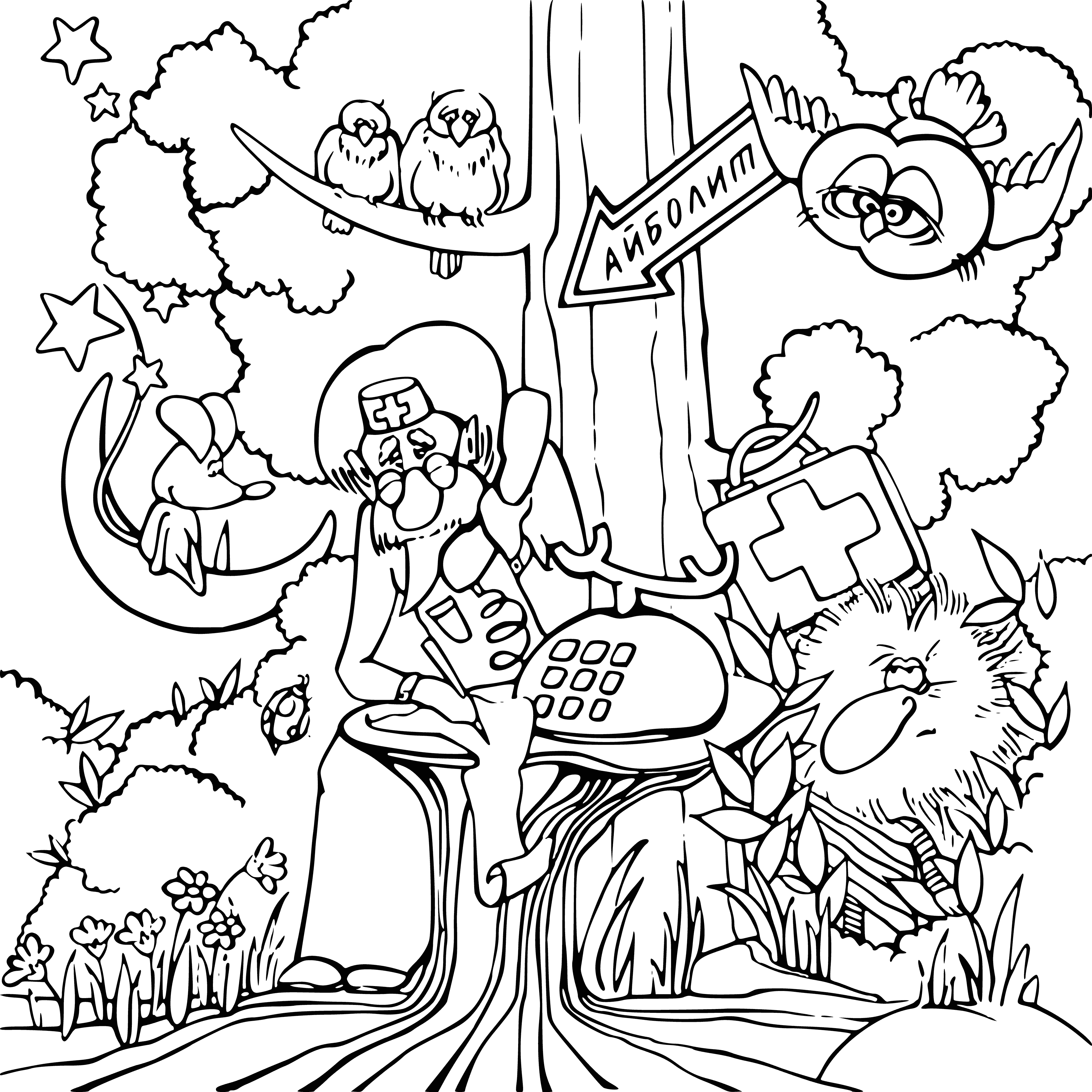 coloring page: Doctor kindly examines head of young boy, no pain seems to be present.