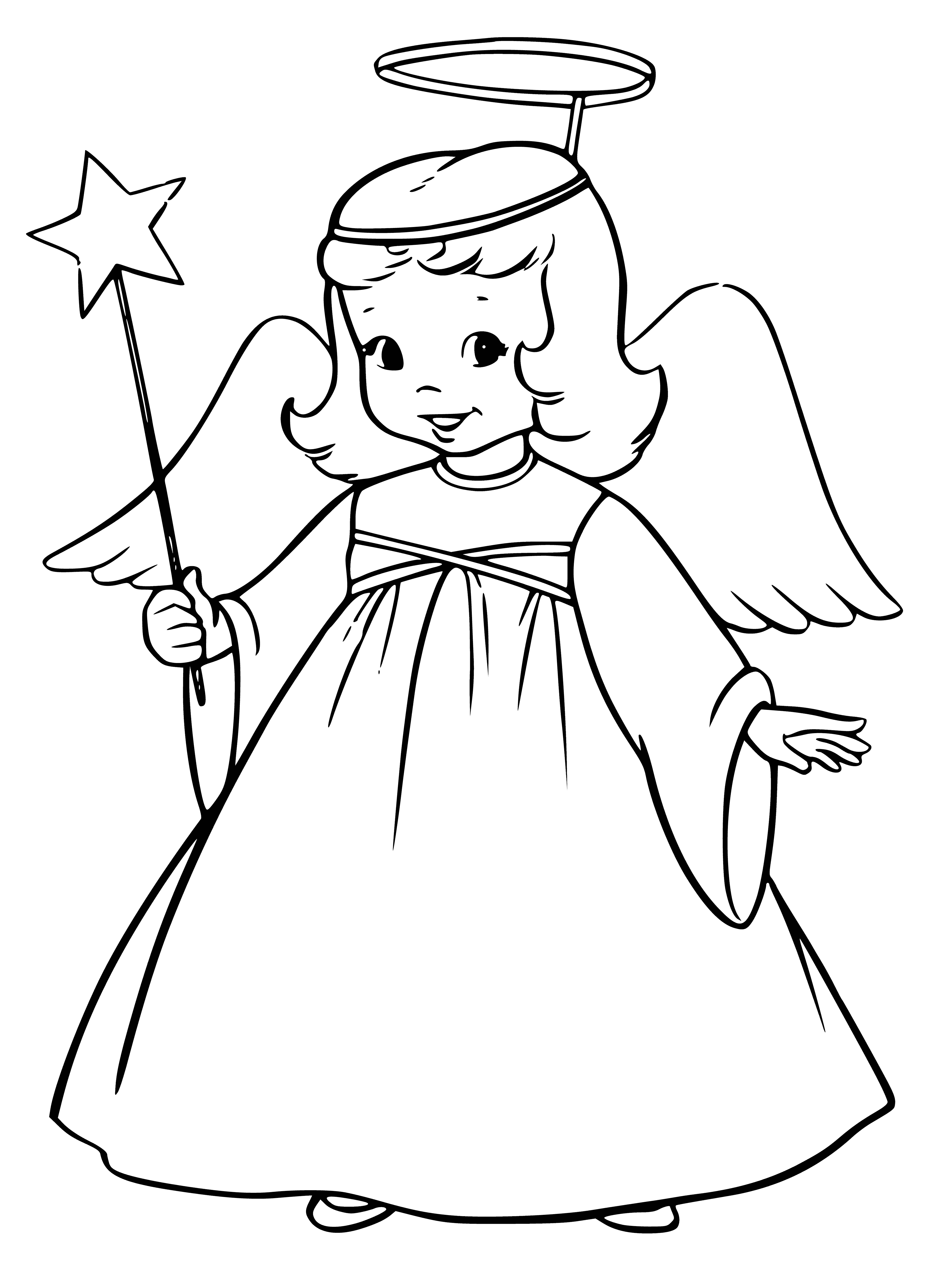 coloring page: Angel costume: white w/ Halo headpiece, delicate wings, fluffy skirt & gold belt.