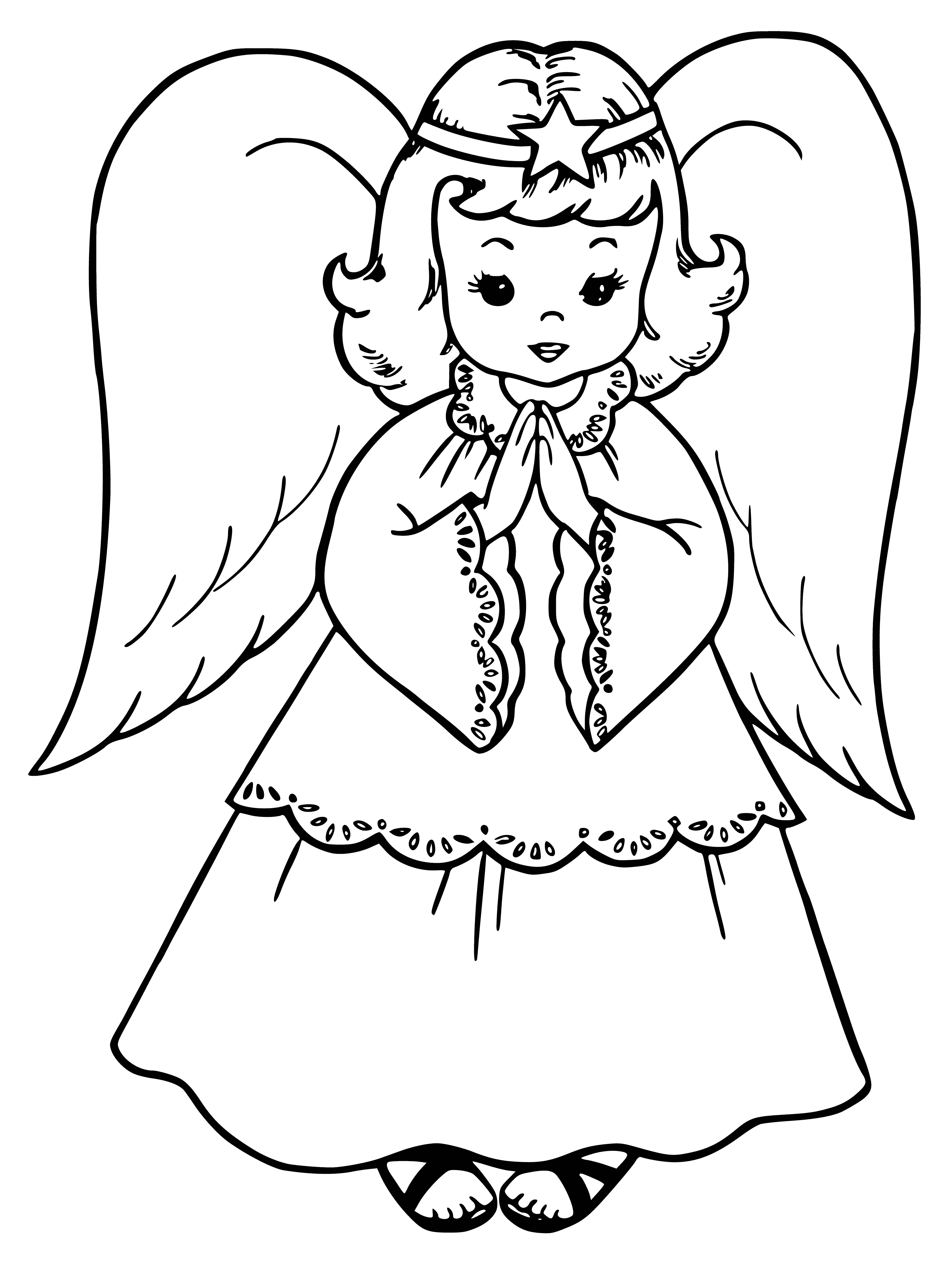 Girl in coloring page wears white dress, angel wings, halo, holds white feather.