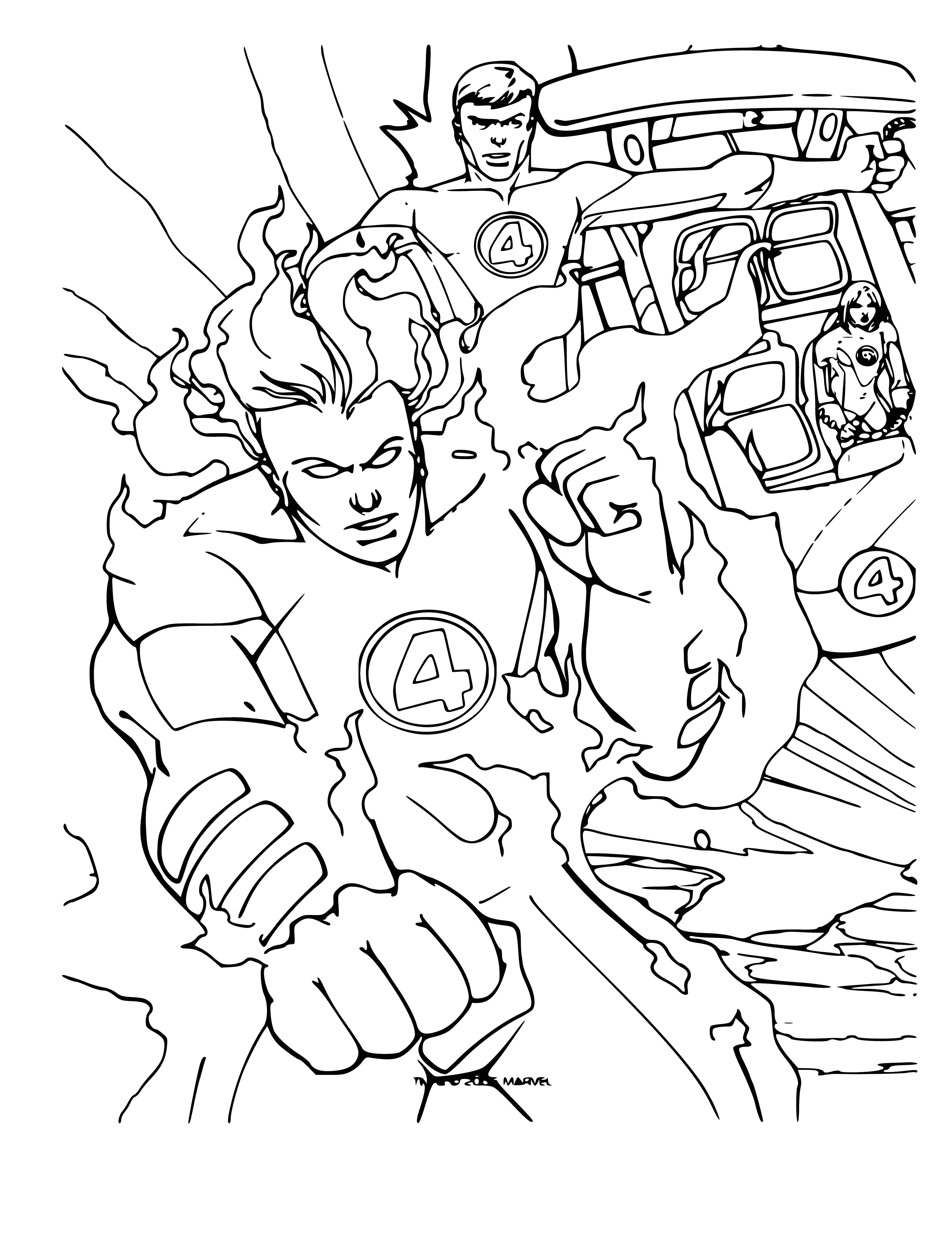 coloring page: Four powerful people with flaming hair, clothes and swords join forces to control fire. Serious expressions!