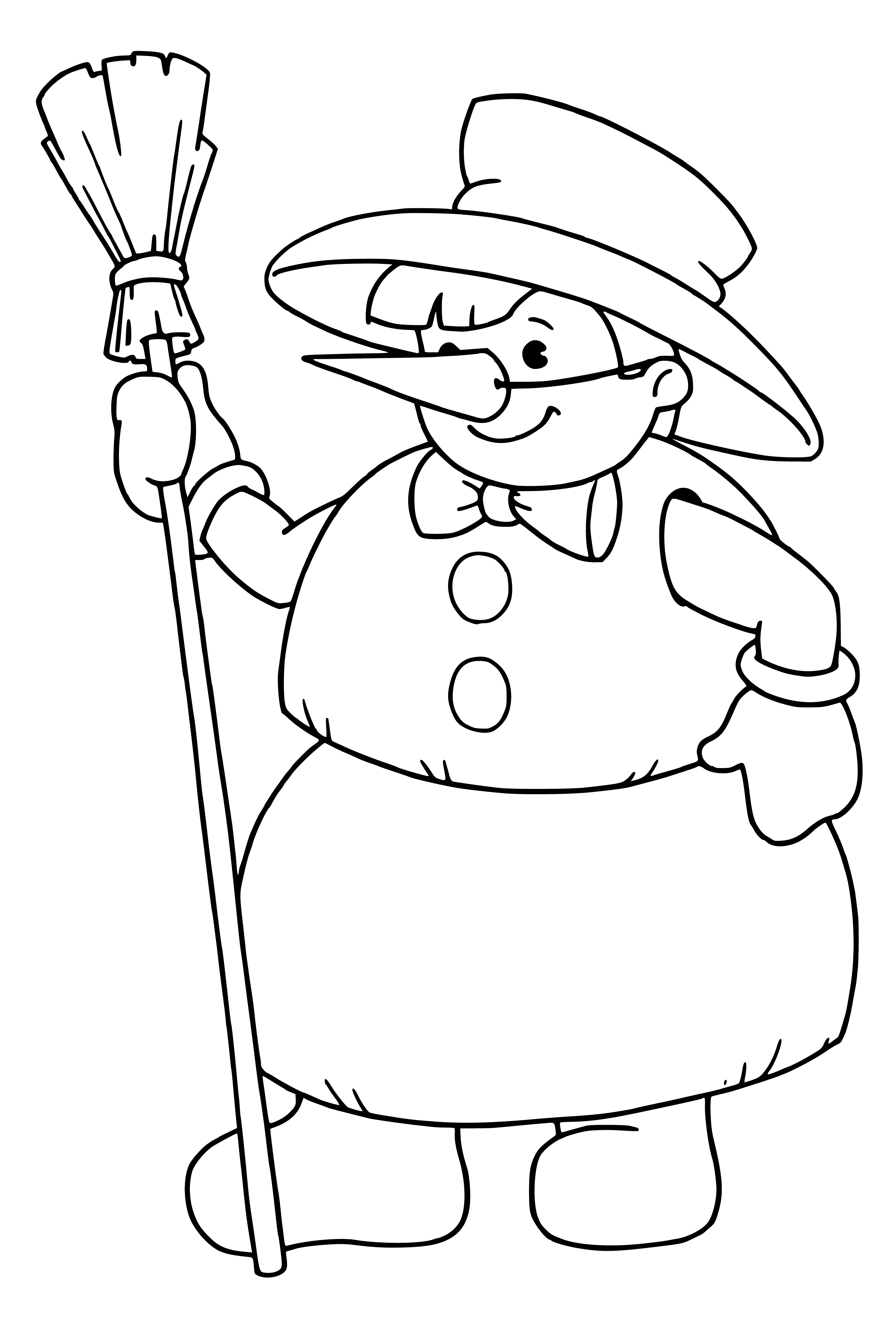 coloring page: A happy child dressed as a snowman for New Year's carnival, with white costume, fluffy white hat & scarf, black buttons & top hat. #cute