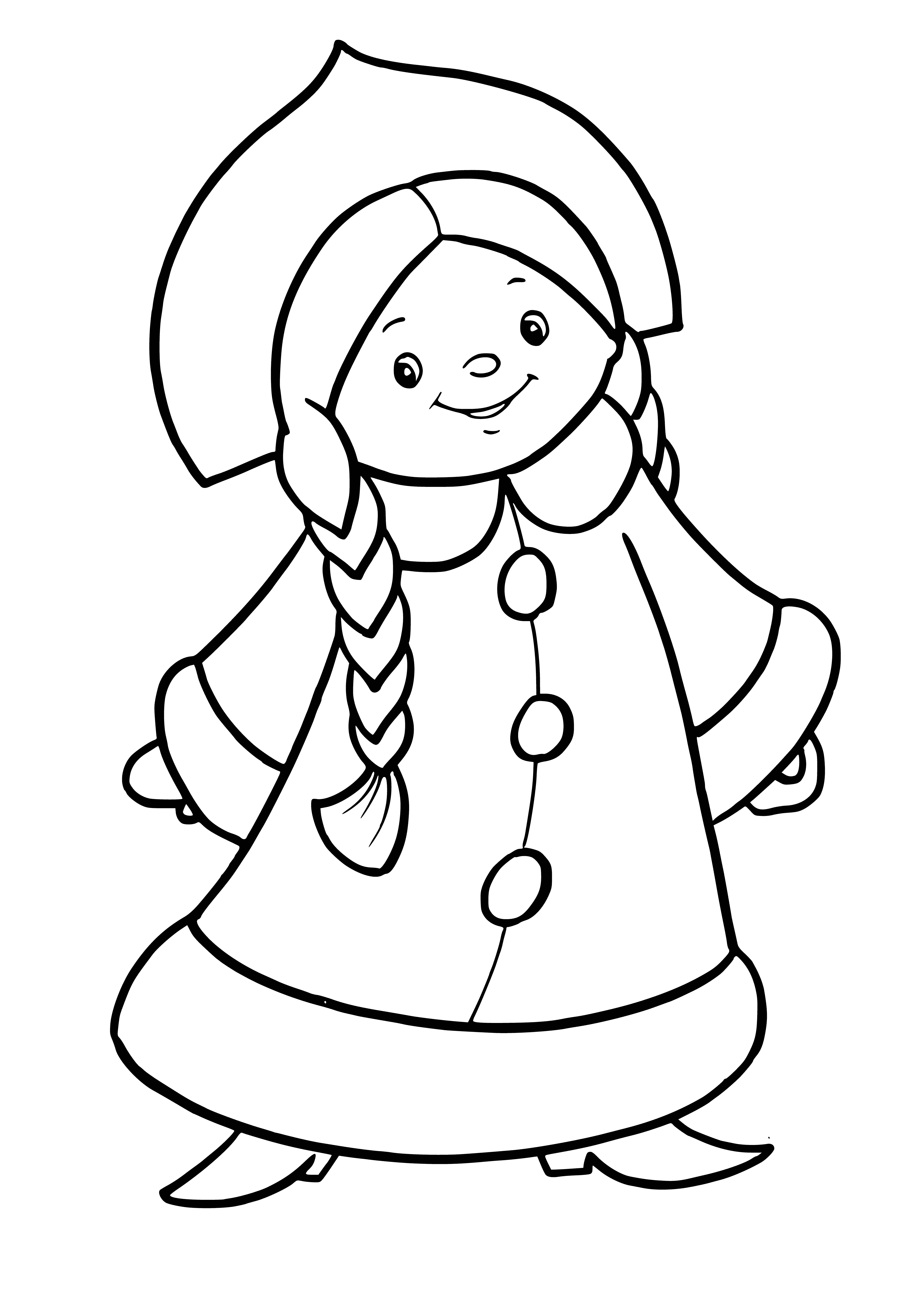 Snow Maiden wears white fur-trimmed dress, evergreen wreath, holds broom and scarf.