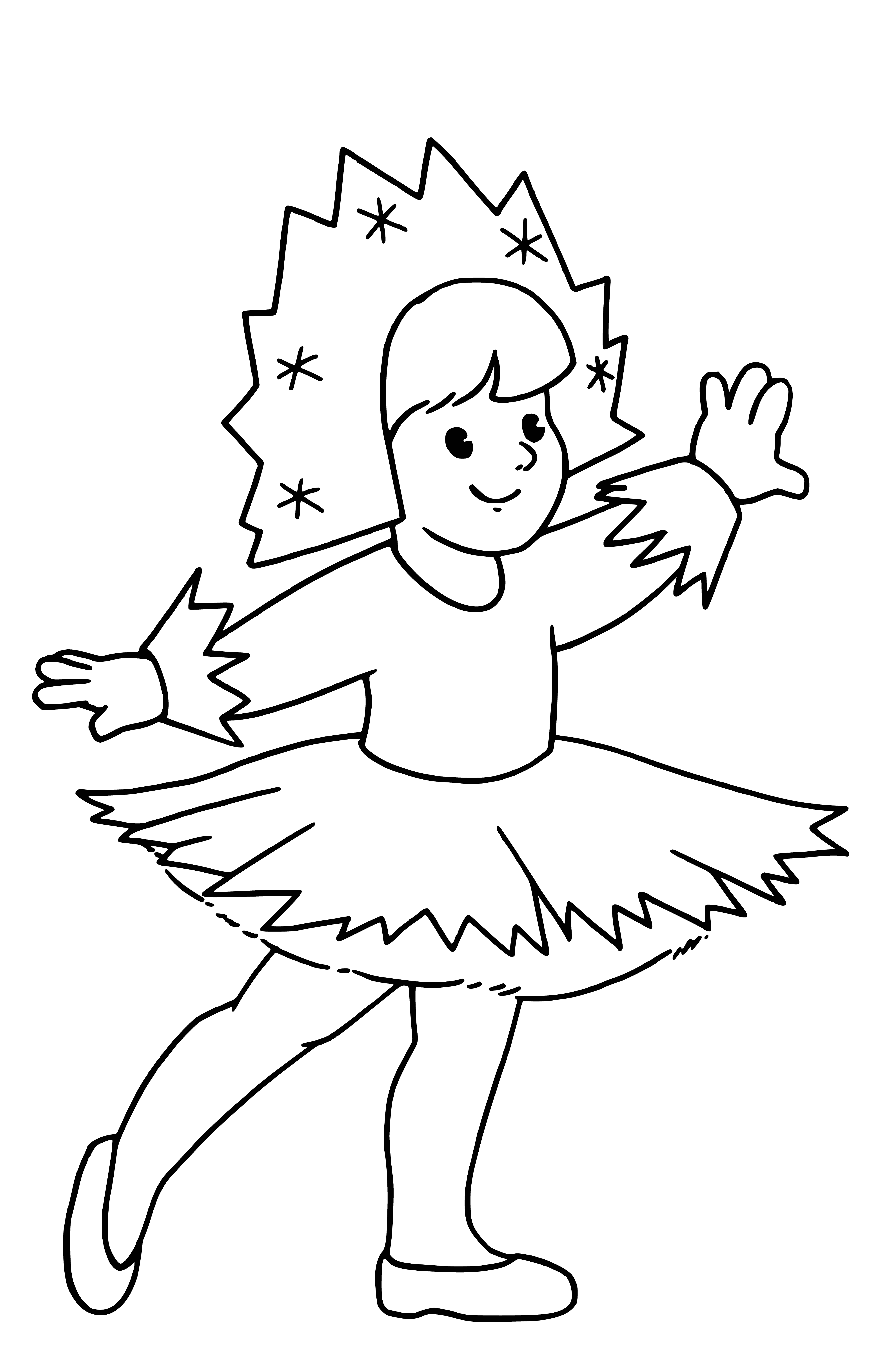 coloring page: White snowflake costume with silver accents, fur-covered arms/legs, white hood w/ silver accents & fur trim.