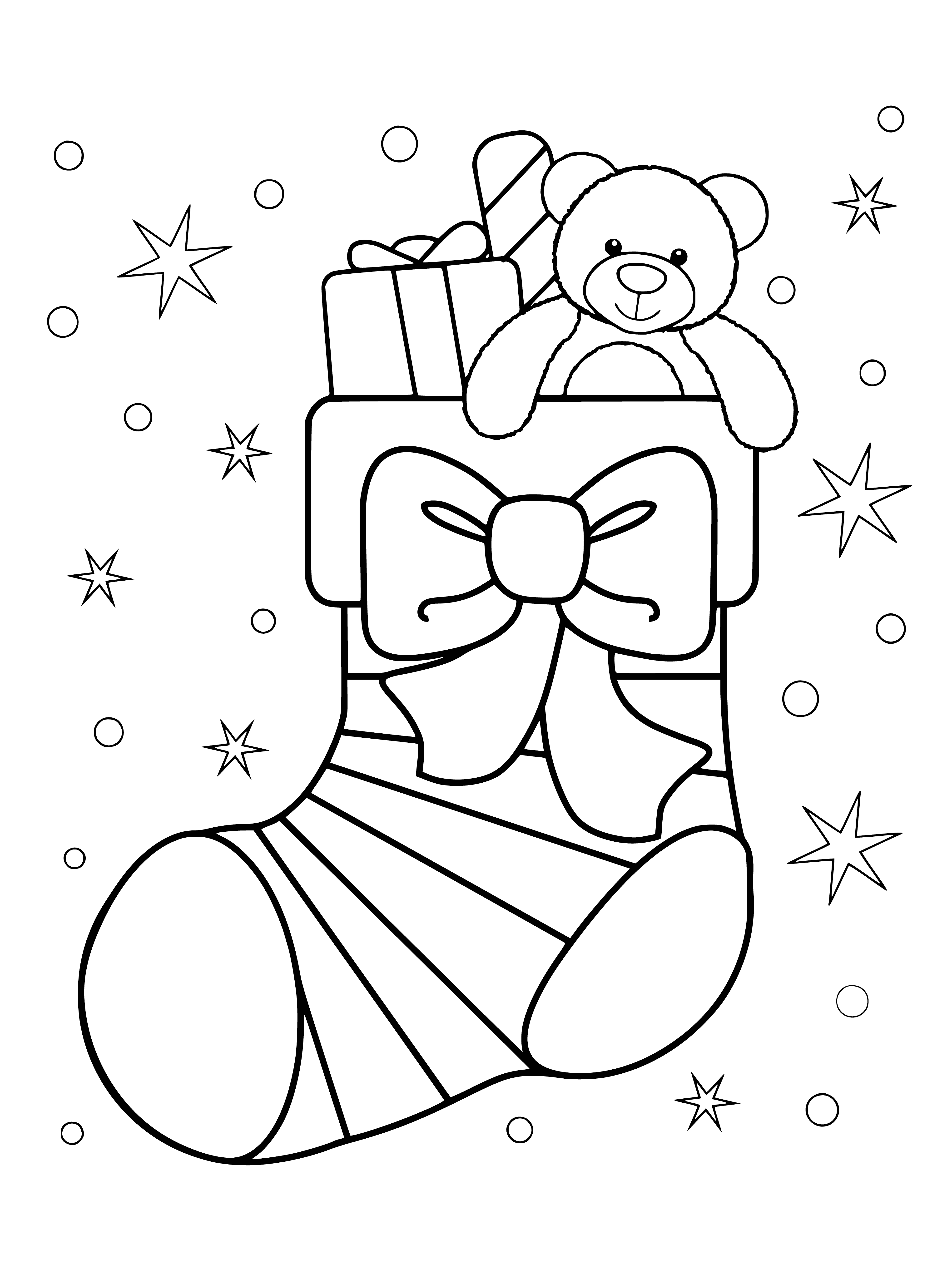 coloring page: They represent the joy of the holiday season and the spirit of giving. -> Cute red & green Xmas socks feature presents w/ bows, capturing joy & spirit of giving!