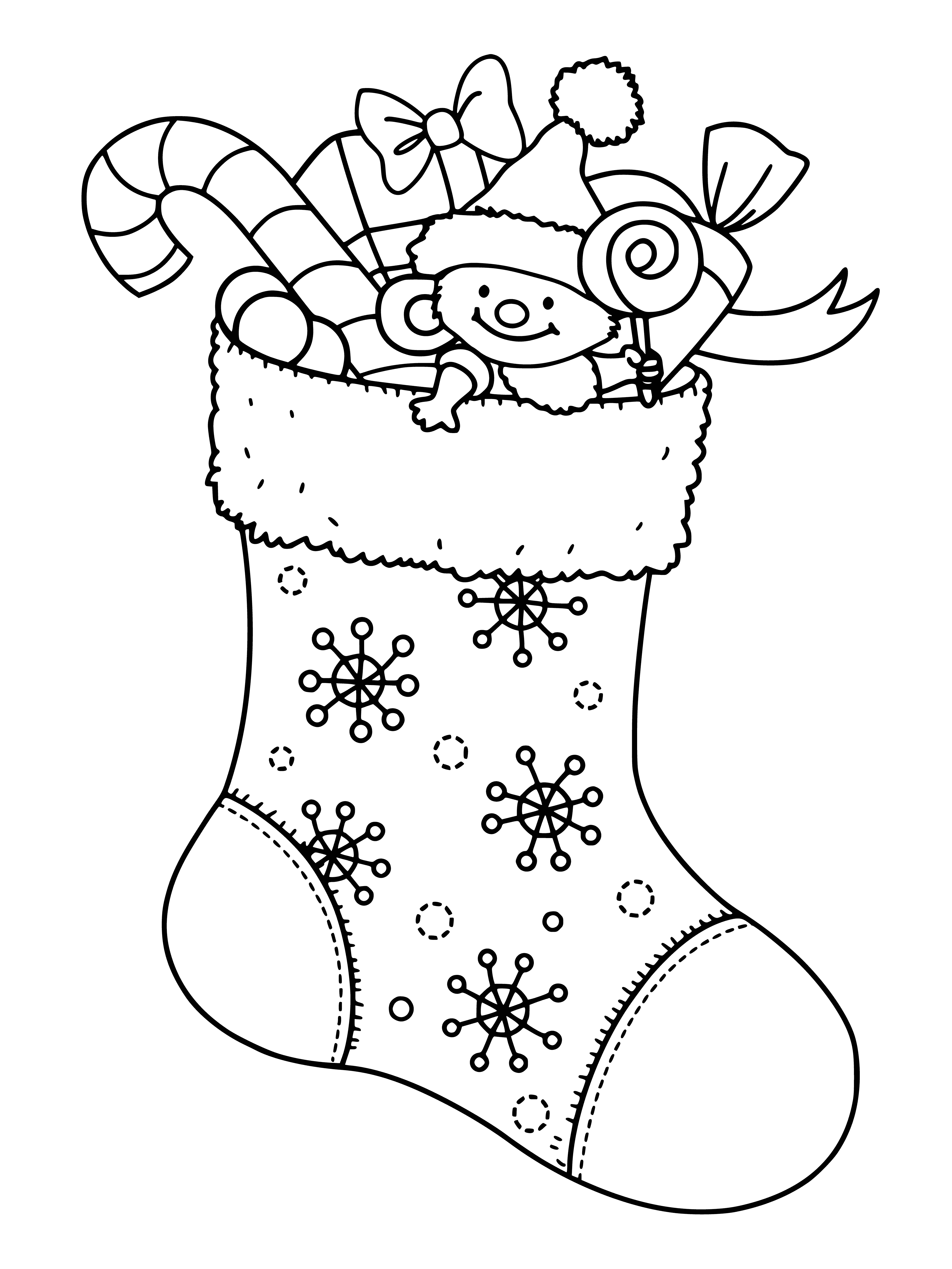 coloring page: Adorable festive pair of Christmas socks: Red with white stripes/Christmas tree and green with red stripes/candy cane.