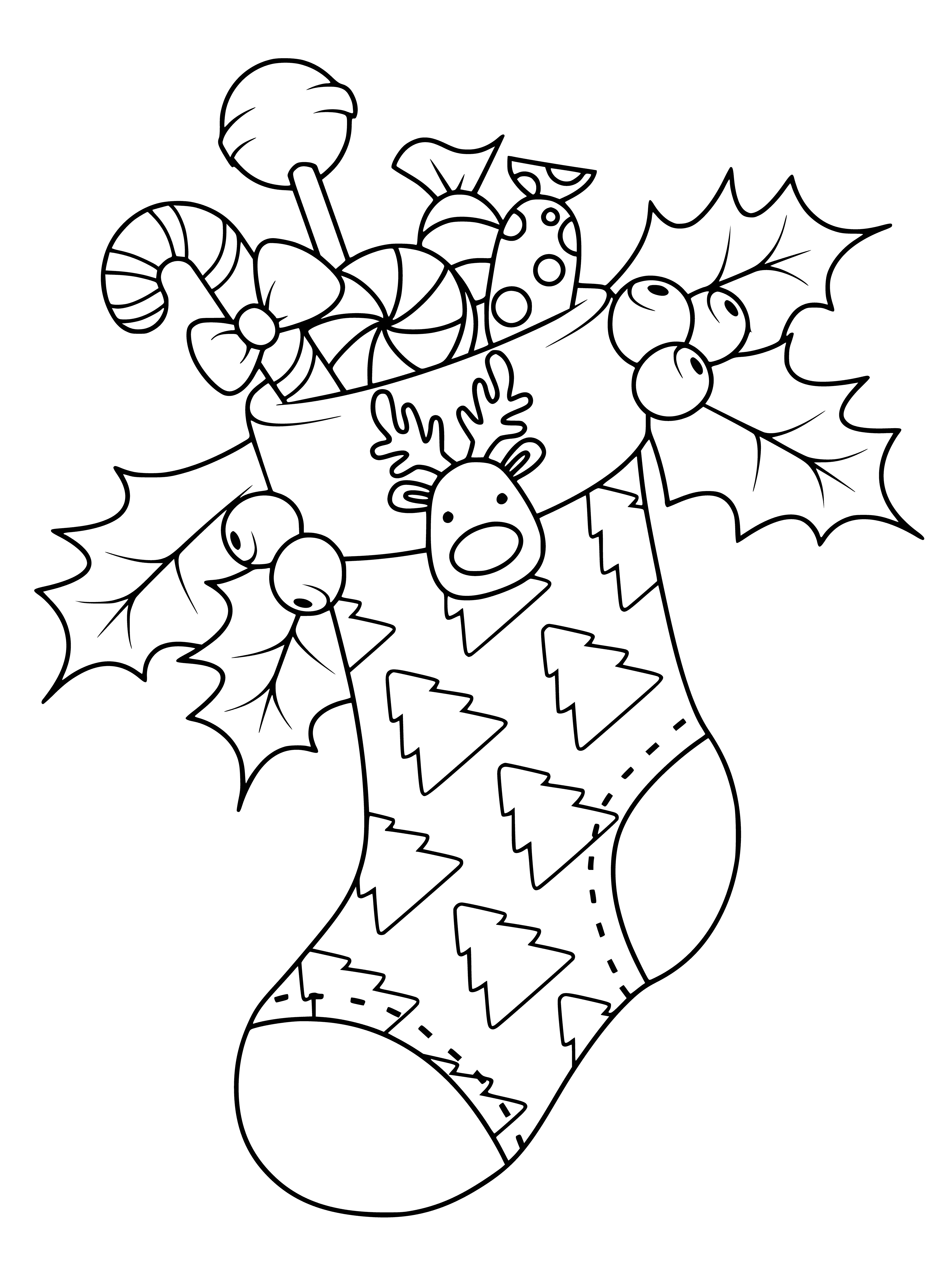 coloring page: Festive Christmas socks with red & white designs, topped with a cuff.